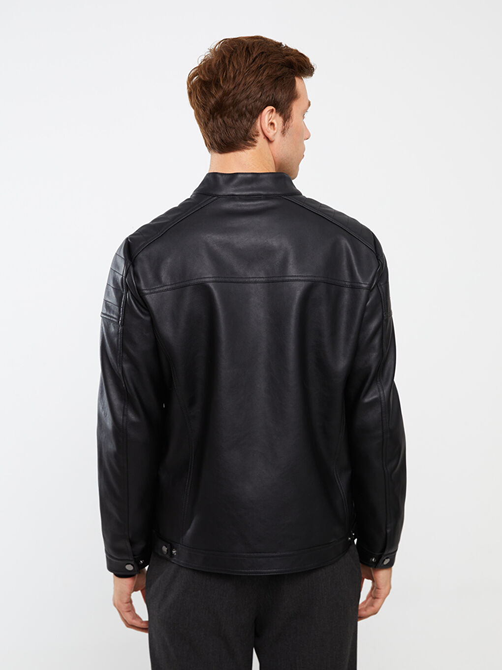 Standard Fit Biker Neck Men's Leather Look Coat-4