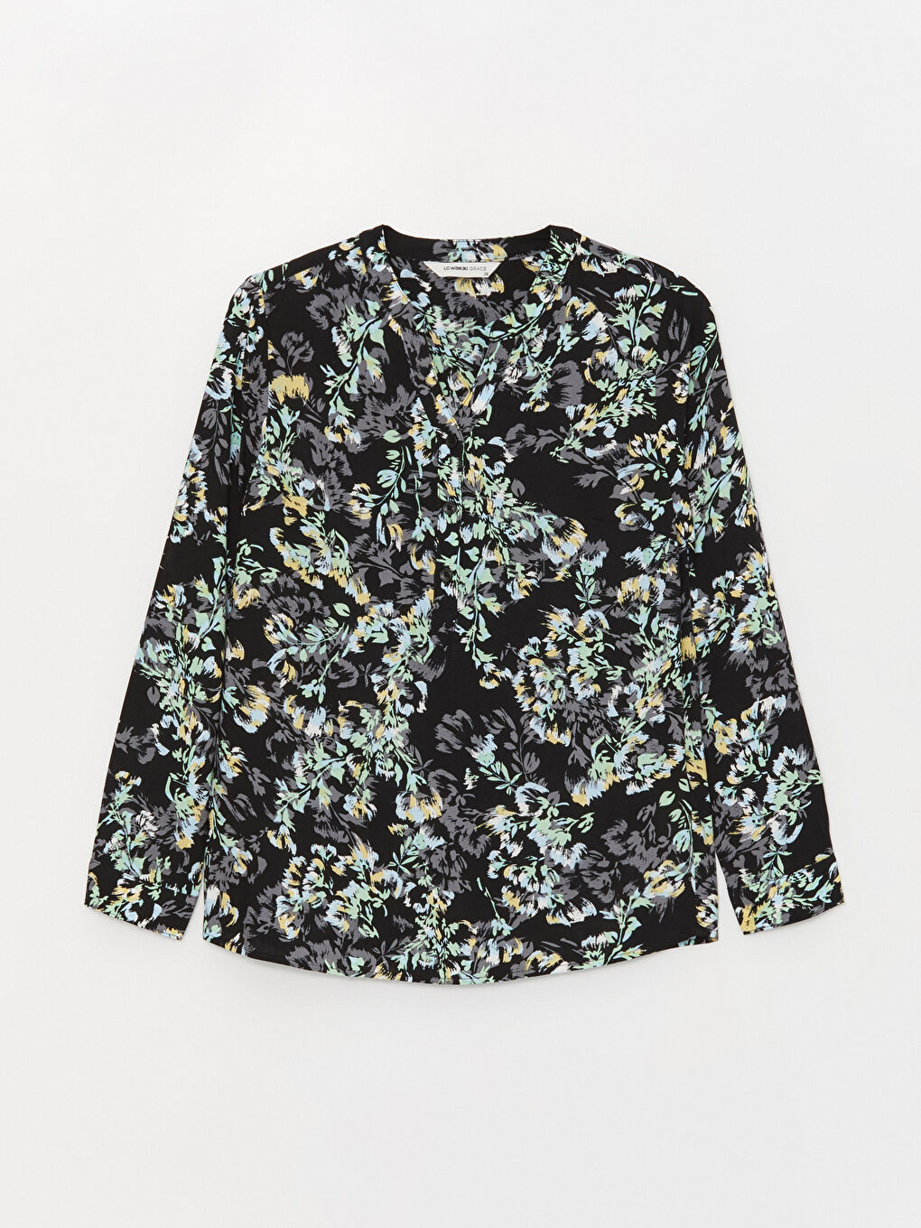 Siyah Kaçık Yaka Desenli Uzun Kollu Kadın Bluz-5