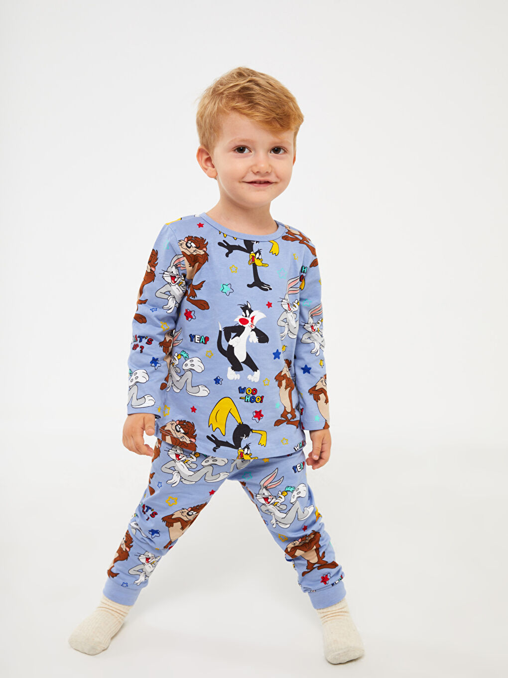 LCW baby Mavi Bisiklet Yaka Looney Tunes Baskılı Erkek Bebek Pijama Takımı