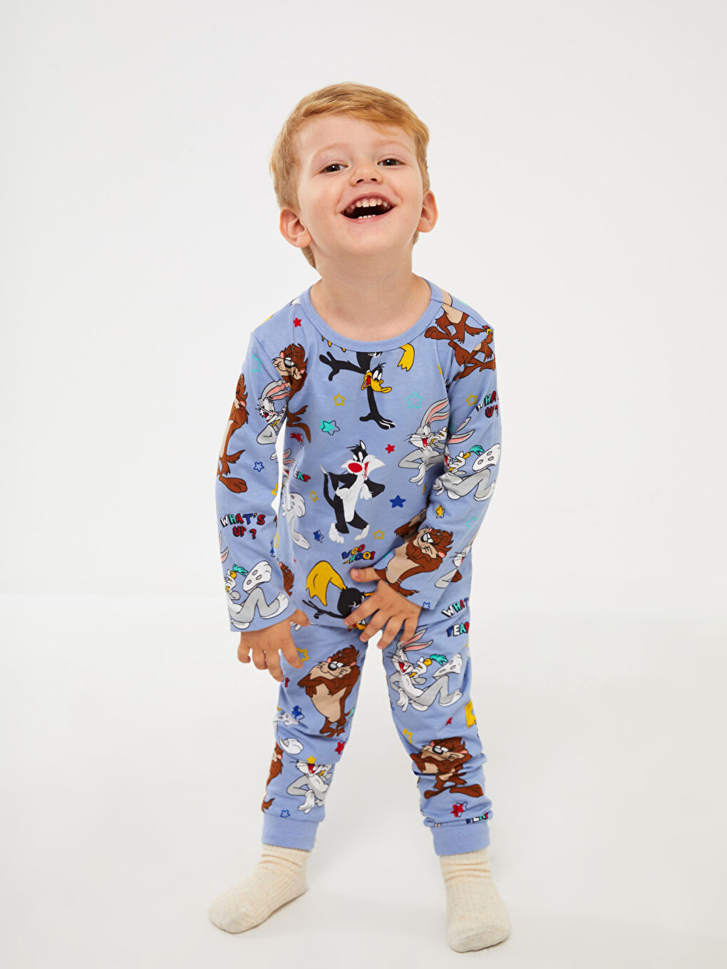 LCW baby Mavi Bisiklet Yaka Looney Tunes Baskılı Erkek Bebek Pijama Takımı - 1