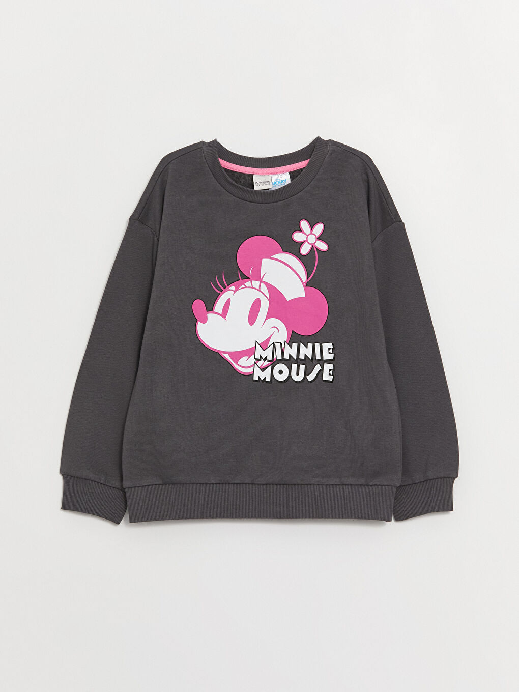 LCW Kids Koyu Gri Bisiklet Yaka Minnie Mouse Baskılı Uzun Kollu Kız Çocuk Sweatshirt