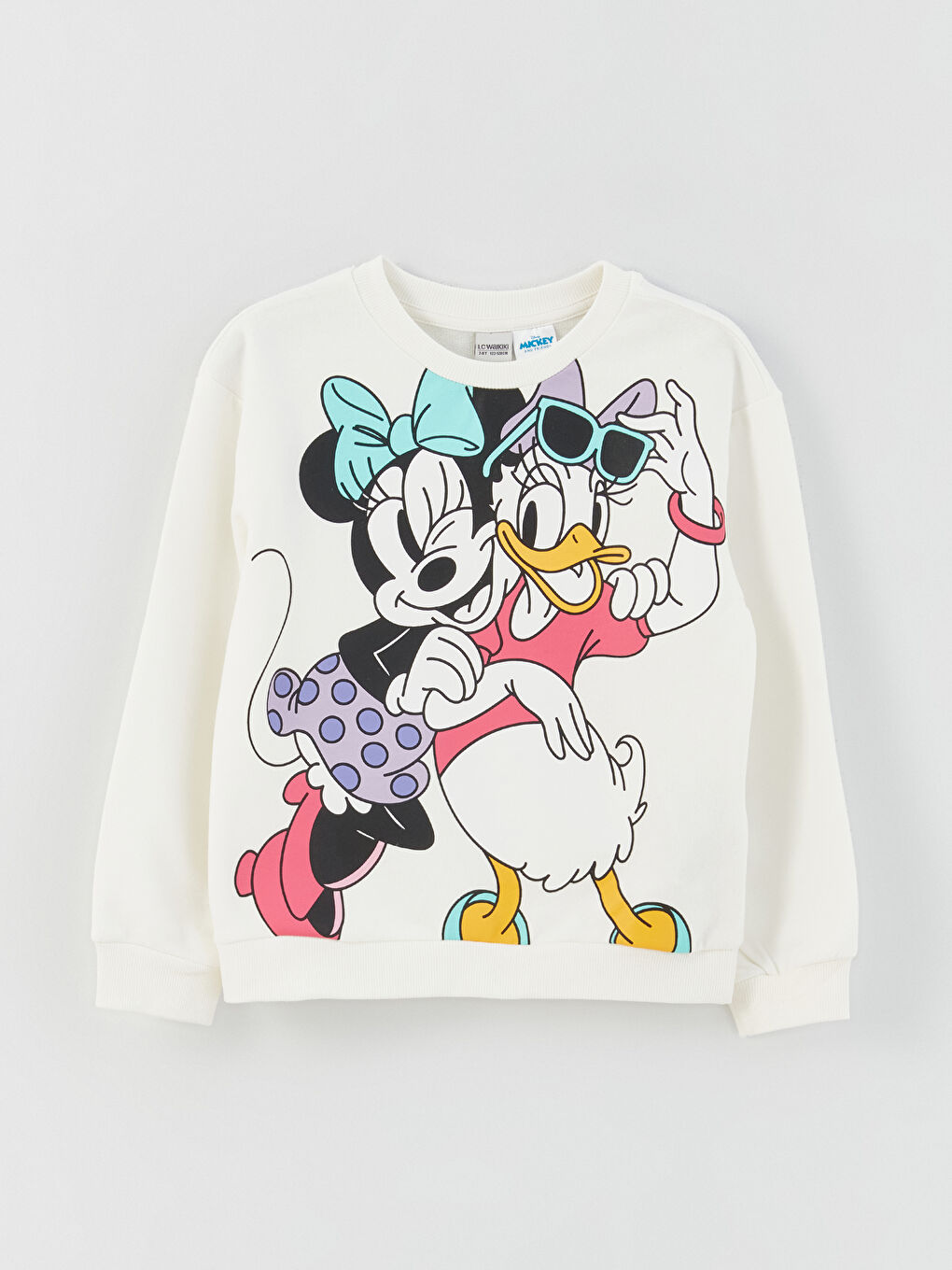 LCW Kids Ekru Bisiklet Yaka Minnie Mouse ve Daisy Duck Baskılı Uzun Kollu Kız Çocuk Sweatshirt