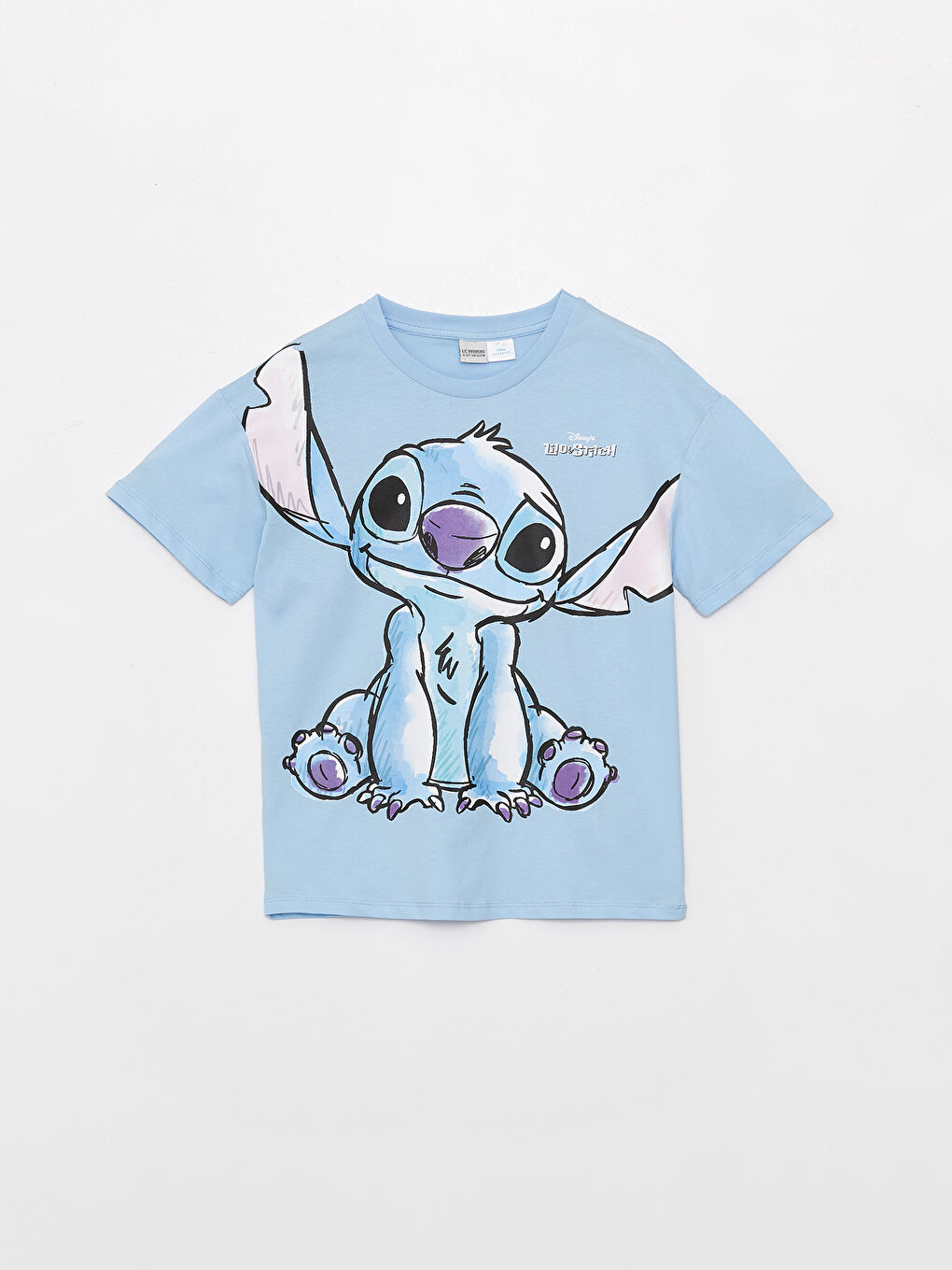 LCW Kids Açık Mavi Bisiklet Yaka Lilo ve Stitch Baskılı Kısa Kollu Kız Çocuk Tişört