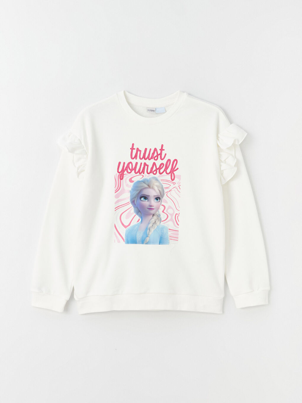 LCW Kids Ekru Bisiklet Yaka Elsa Baskılı Uzun Kollu Kız Çocuk Sweatshirt