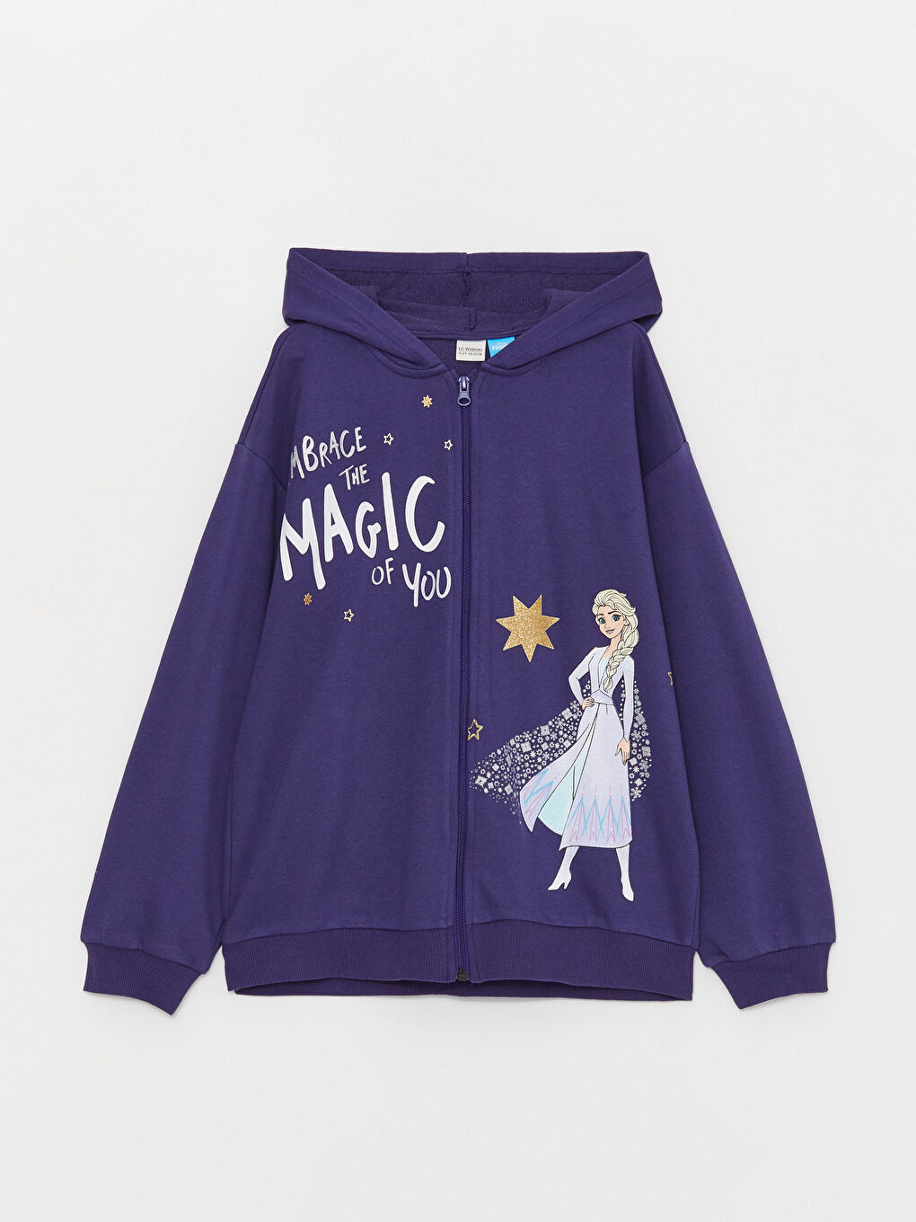 LCW Kids Lacivert Kapüşonlu Elsa Baskılı Uzun Kollu Kız Çocuk Fermuarlı Sweatshirt