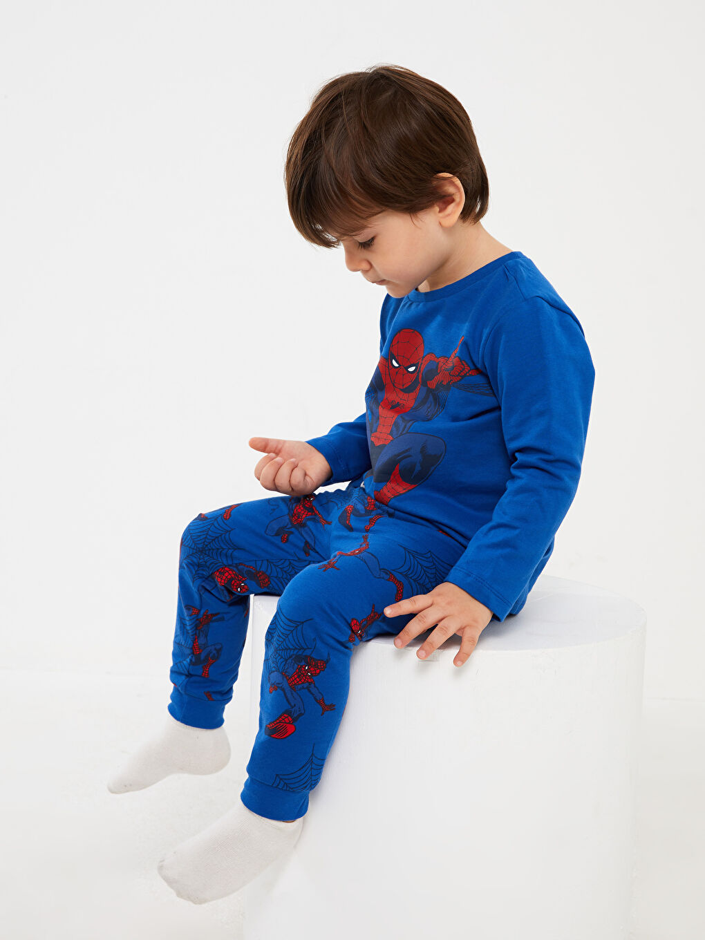 LCW baby Koyu Mavi Bisiklet Yaka Spiderman Baskılı Uzun Kollu Erkek Bebek Pijama Takımı - 1