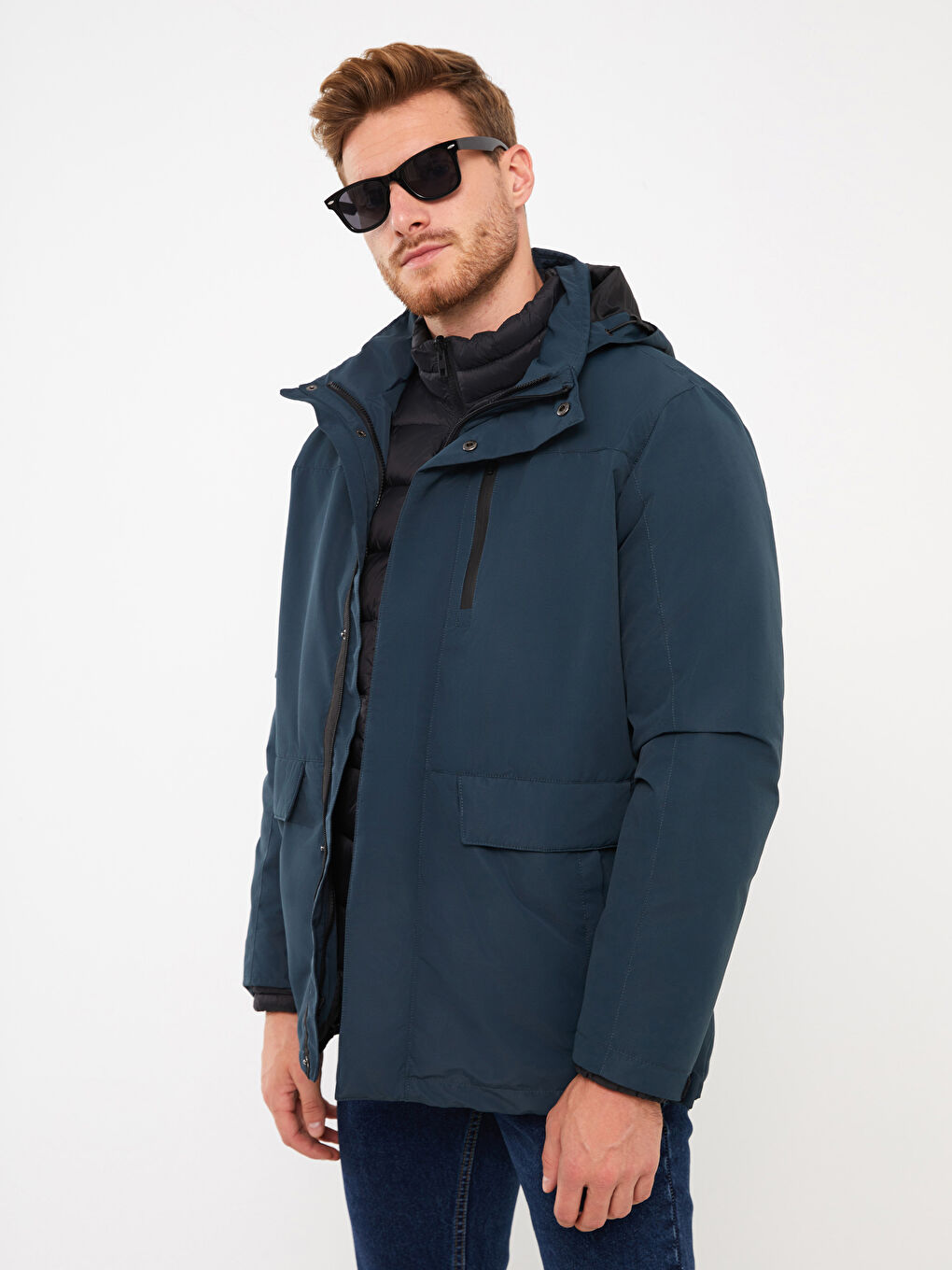 Petrol Standart Kalıp Kapüşonlu Kaban ve Dik Yaka Mont-1