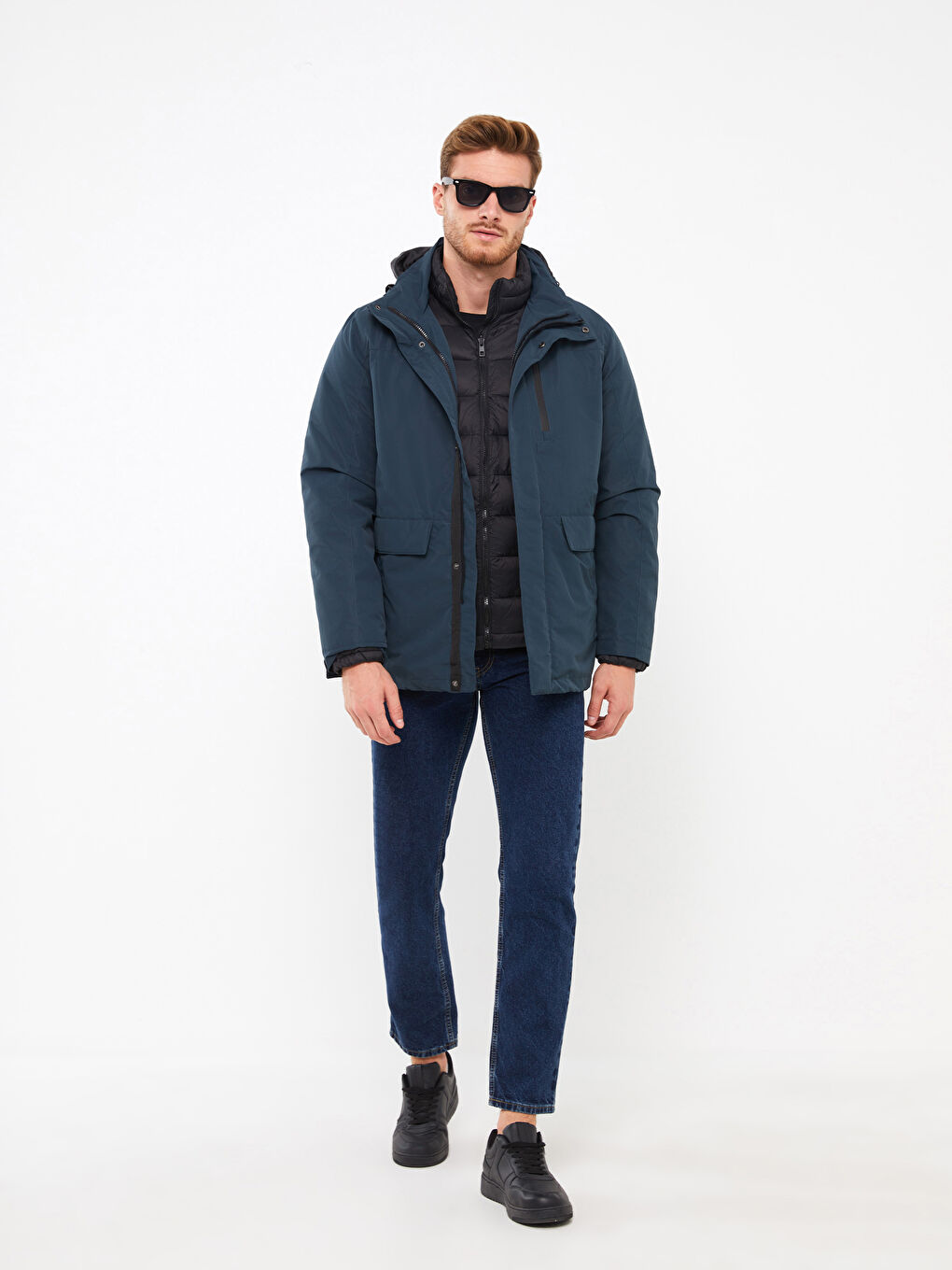 Petrol Standart Kalıp Kapüşonlu Kaban ve Dik Yaka Mont-2