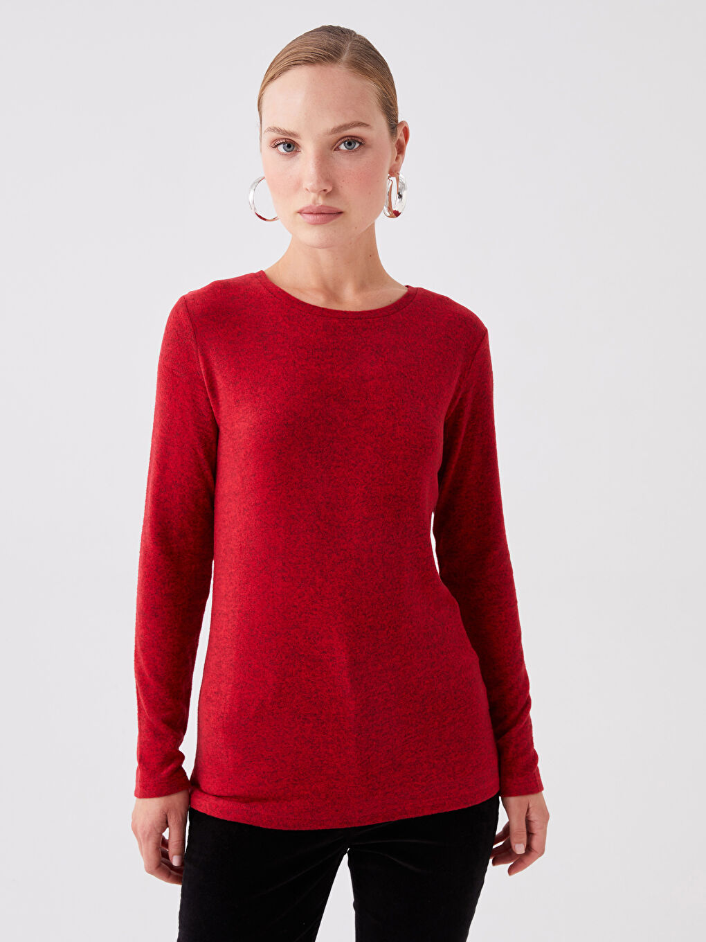 Kırmızı Bisiklet Yaka Düz Uzun Kollu Kadın Tişört