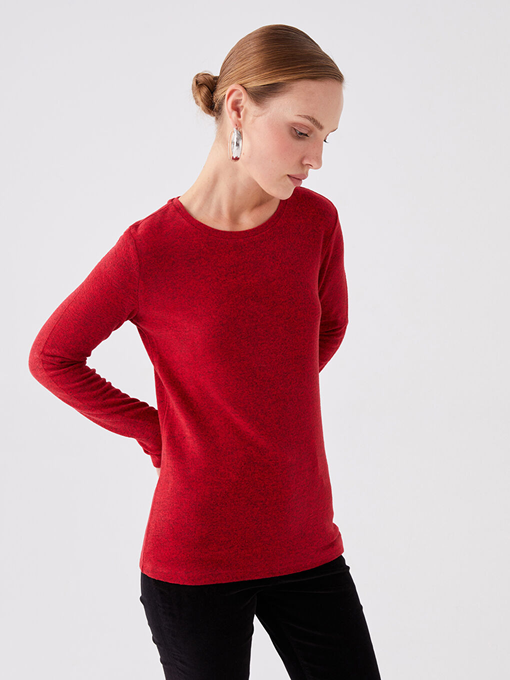 Kırmızı Bisiklet Yaka Düz Uzun Kollu Kadın Tişört-1