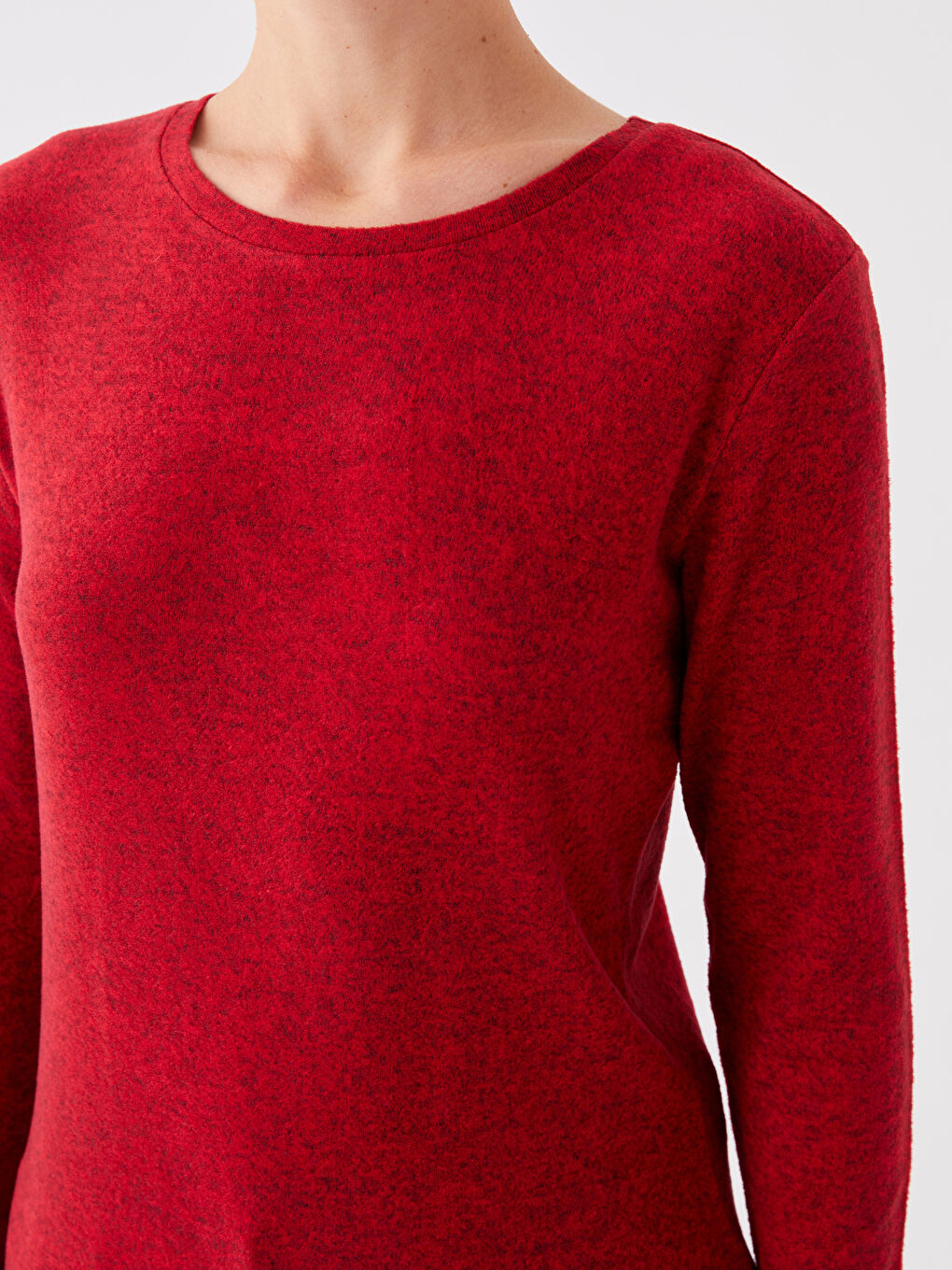 Kırmızı Bisiklet Yaka Düz Uzun Kollu Kadın Tişört-3