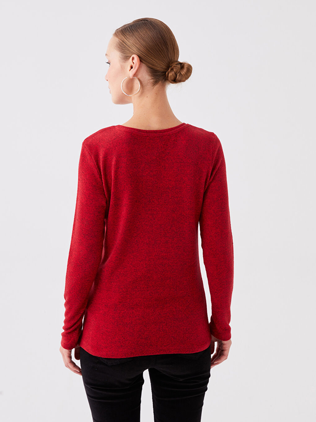 Kırmızı Bisiklet Yaka Düz Uzun Kollu Kadın Tişört-4