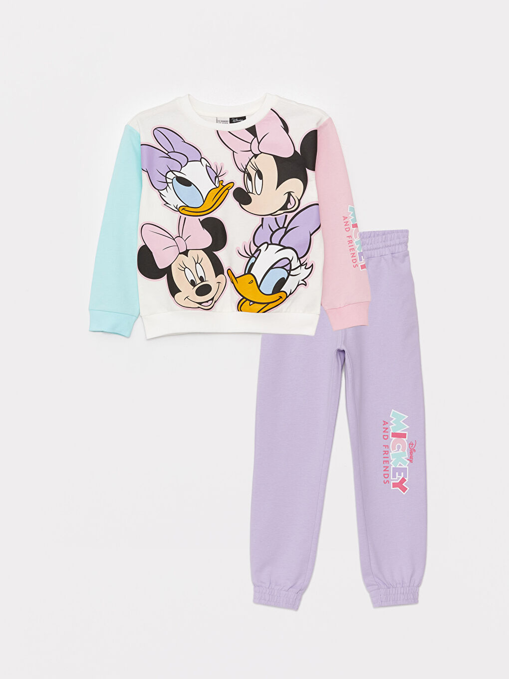 Karışık Bisiklet Yaka Minnie Mouse Baskılı Uzun Kollu Kız Çocuk Sweatshirt ve Eşofman Altı