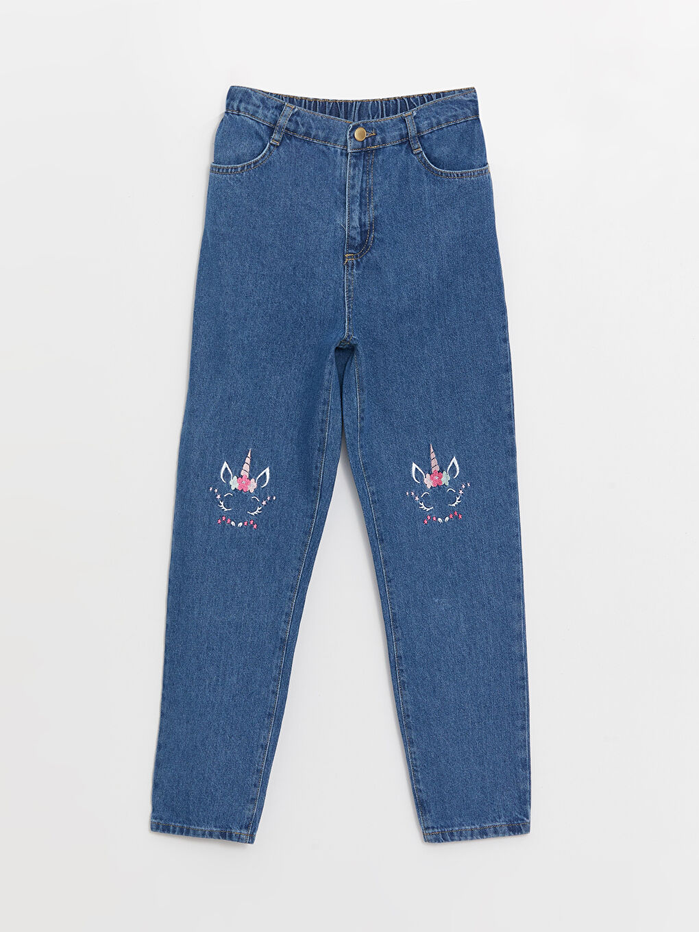 LCW Kids Orta İndigo Rodeo Mom Fit Nakışlı Kız Çocuk Jean Pantolon