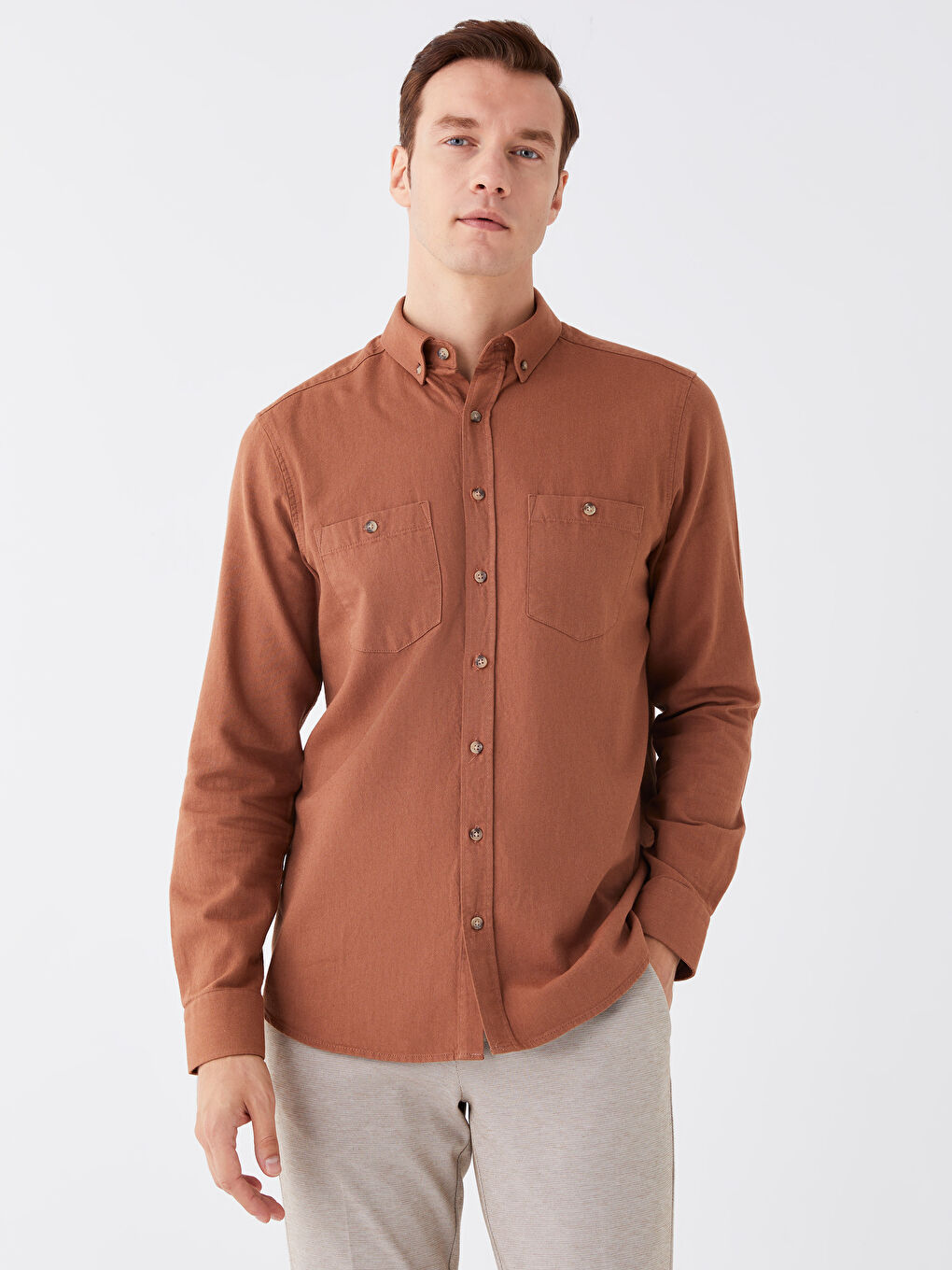 Kahverengi Regular Fit Uzun Kollu Gabardin Erkek Gömlek