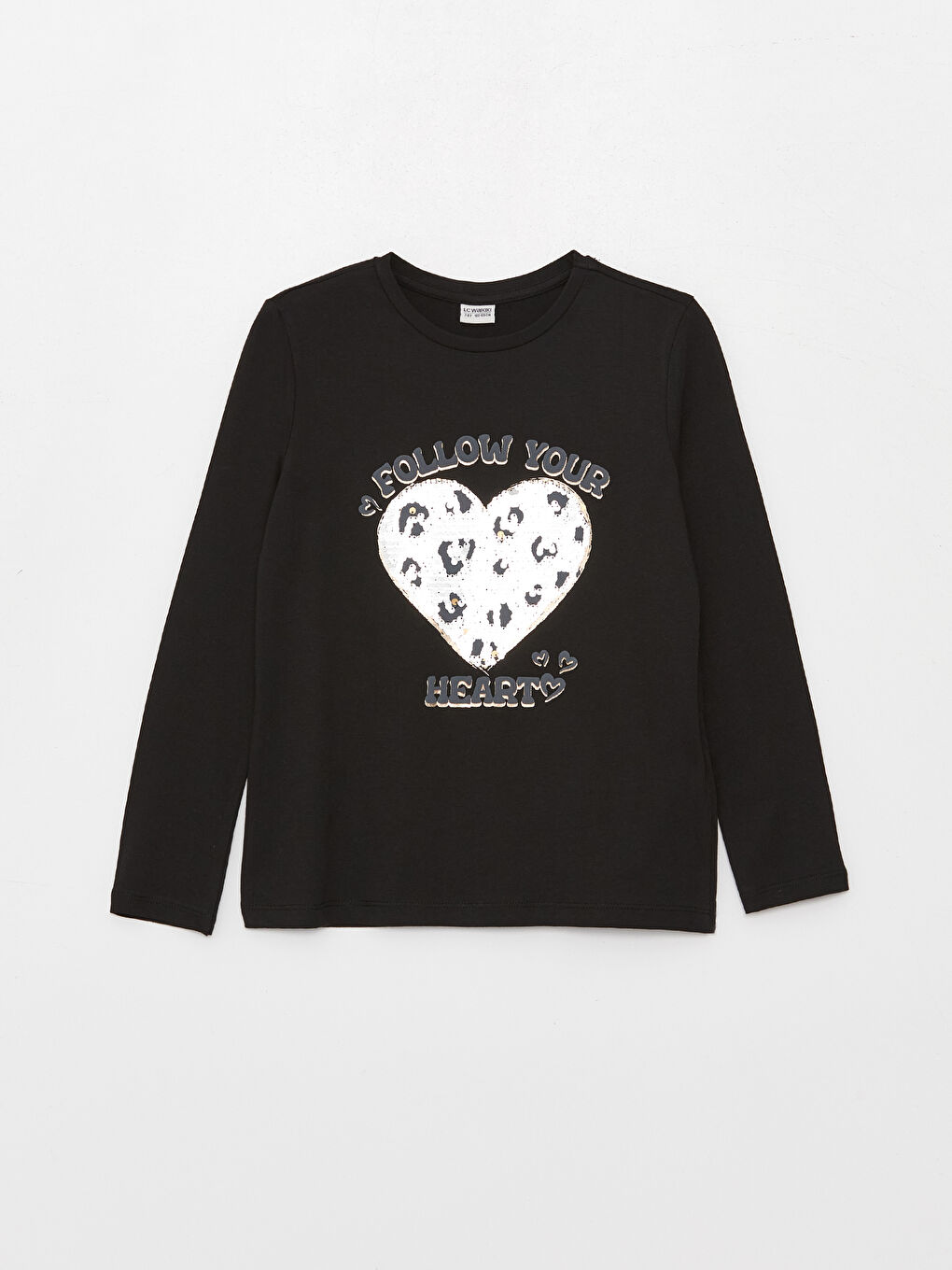 Siyah Bisiklet Yaka Baskılı Çift Yönlü Payetli Uzun Kollu Kız Çocuk Tişört-2