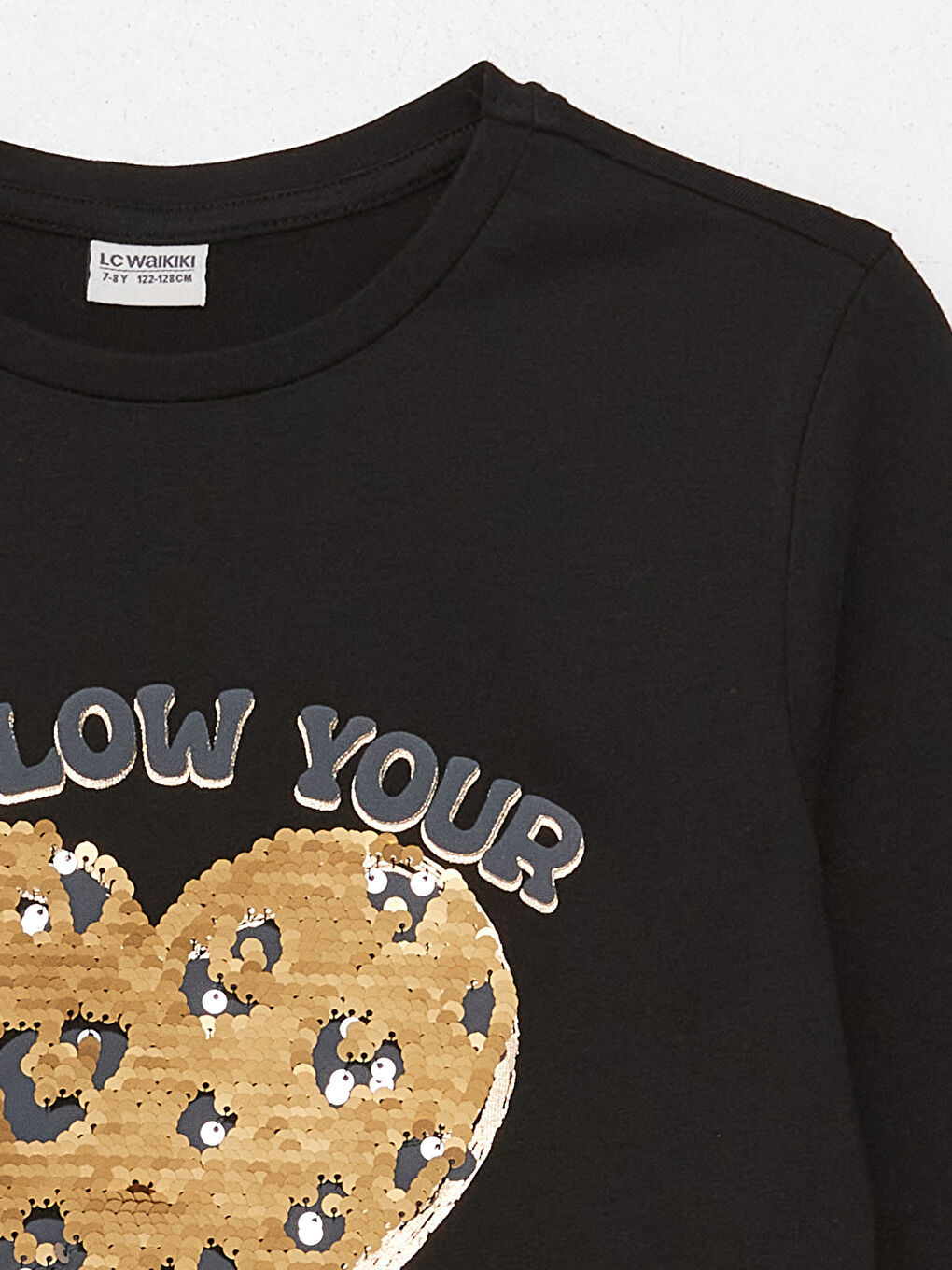 Siyah Bisiklet Yaka Baskılı Çift Yönlü Payetli Uzun Kollu Kız Çocuk Tişört-4