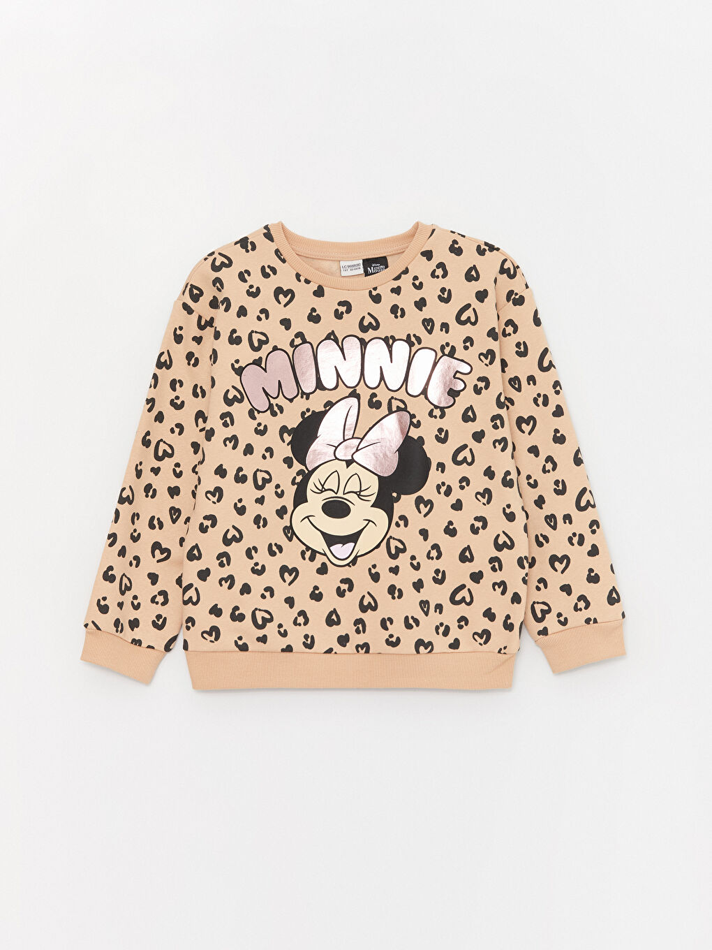 LCW Kids Bej Bisiklet Yaka Minnie Mouse Baskılı Uzun Kollu Kız Çocuk Sweatshirt