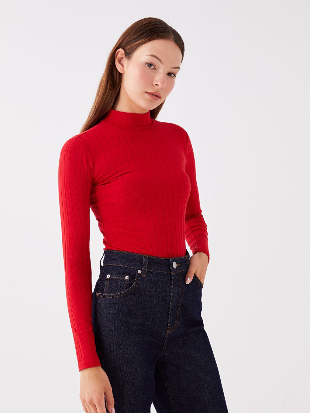 Kırmızı Dik Yaka Düz Uzun Kollu Kadın Tişört-1