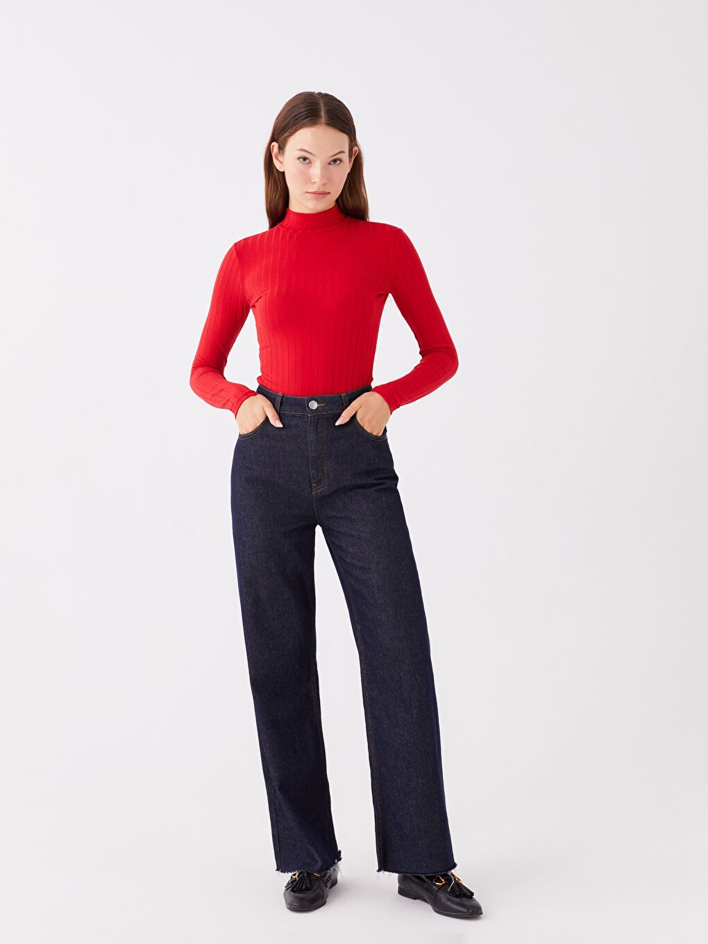 Kırmızı Dik Yaka Düz Uzun Kollu Kadın Tişört-2