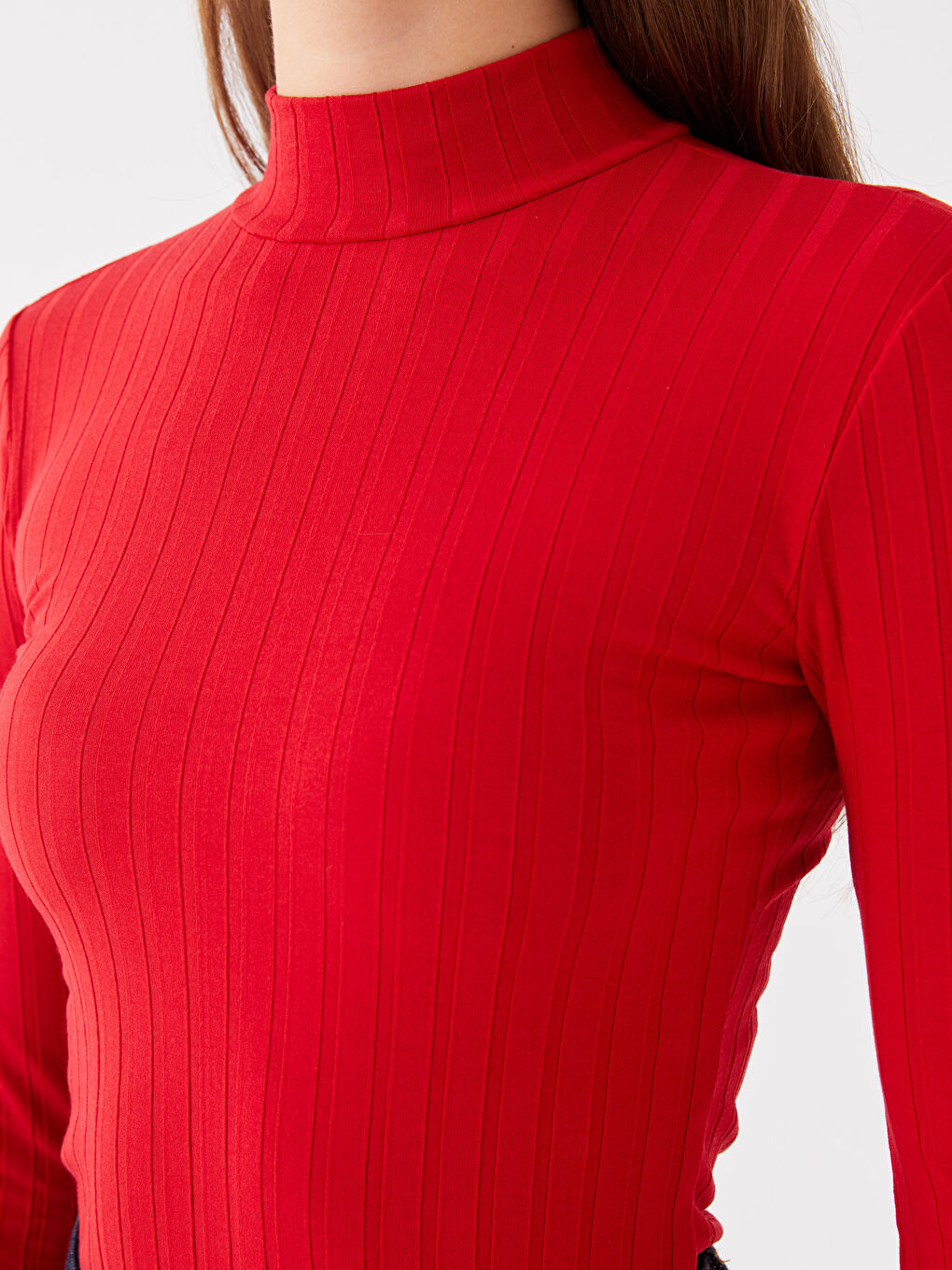 Kırmızı Dik Yaka Düz Uzun Kollu Kadın Tişört-3