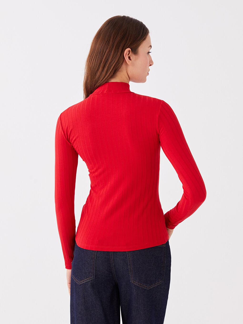 Kırmızı Dik Yaka Düz Uzun Kollu Kadın Tişört-4