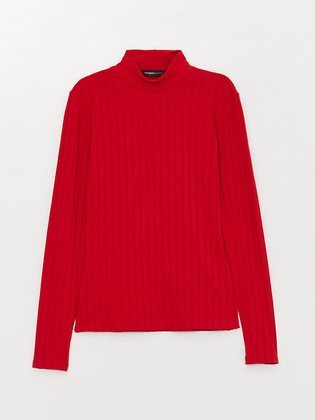 Kırmızı Dik Yaka Düz Uzun Kollu Kadın Tişört-5