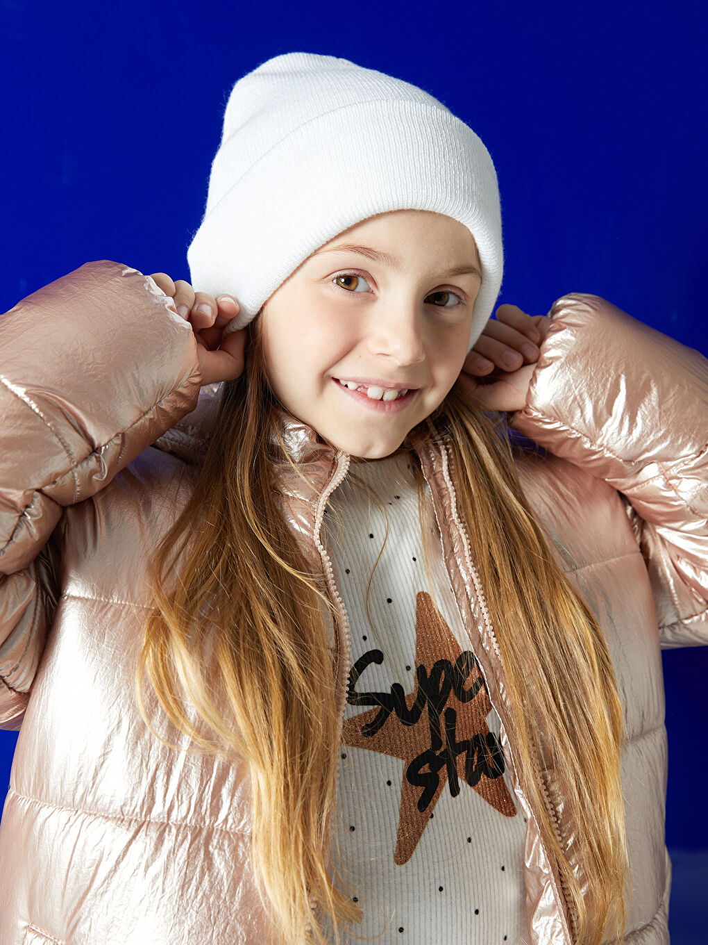 Ekru Dik Yaka Baskılı Uzun Kollu Kız Çocuk Tişört