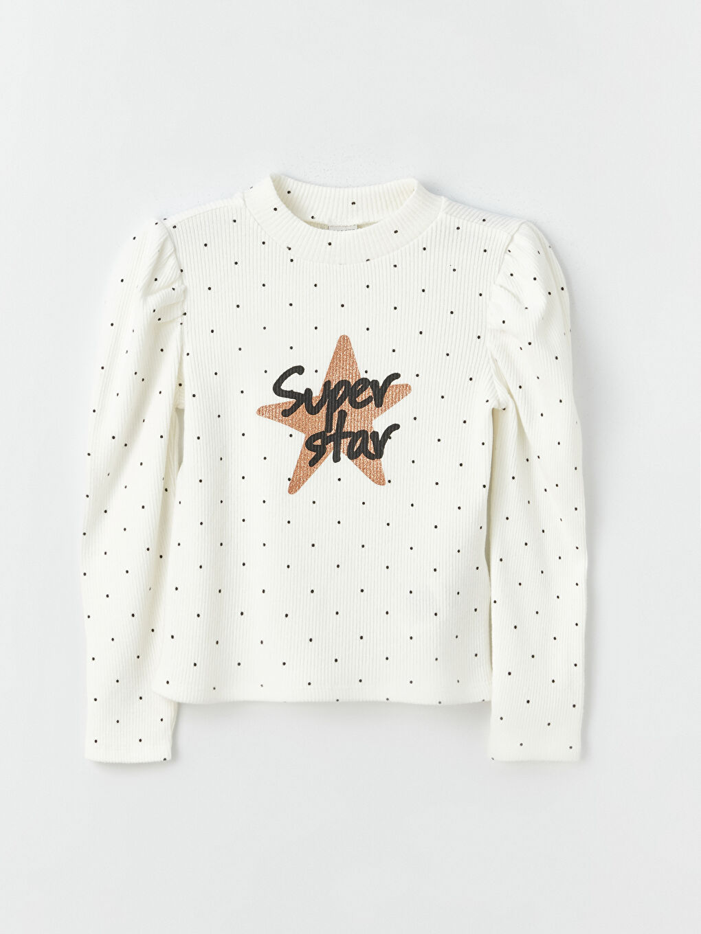 Ekru Dik Yaka Baskılı Uzun Kollu Kız Çocuk Tişört-1