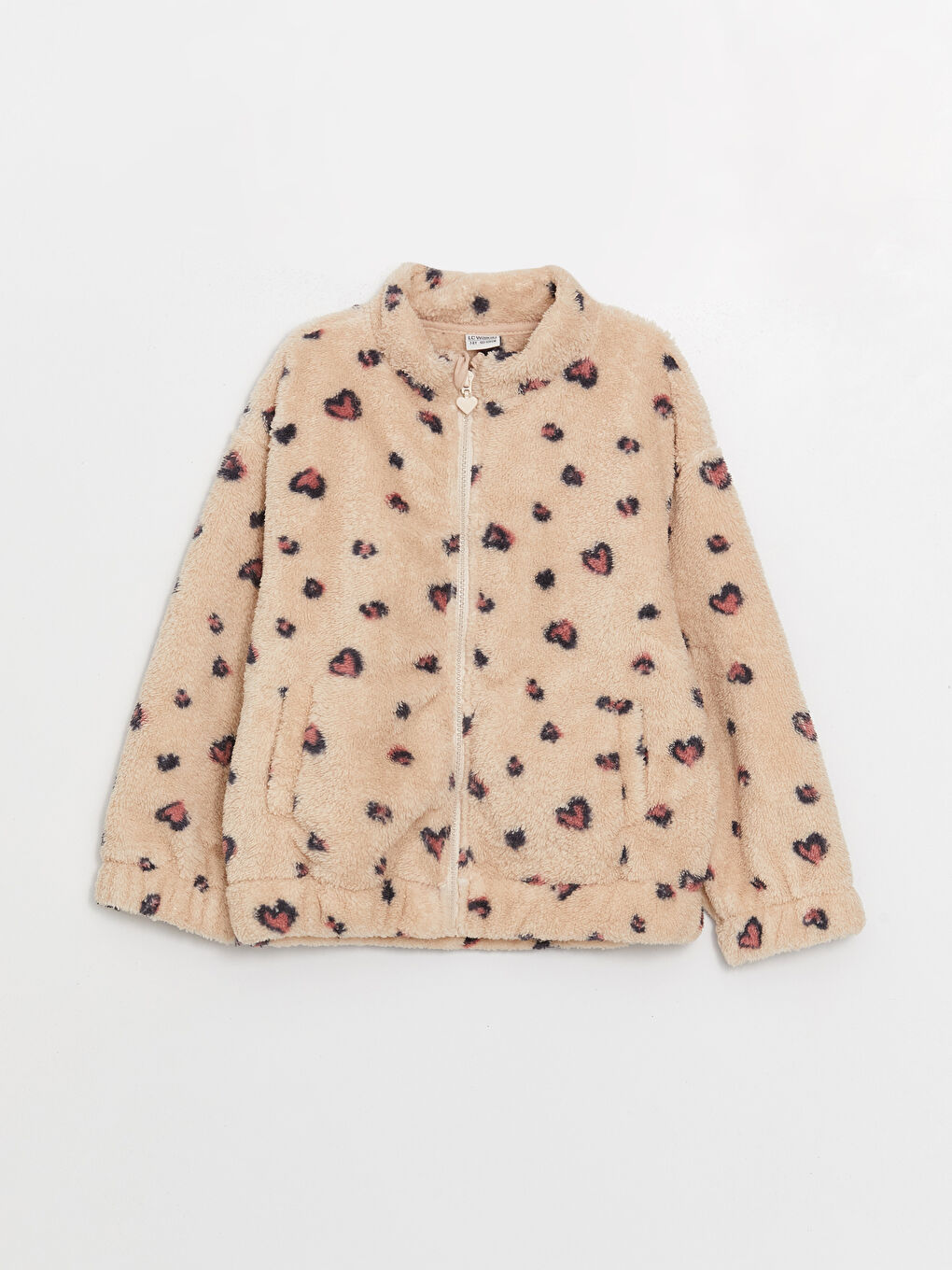 Ekru Dik Yaka Desenli Uzun Kollu Pelüş Kız Çocuk Fermuarlı Sweatshirt