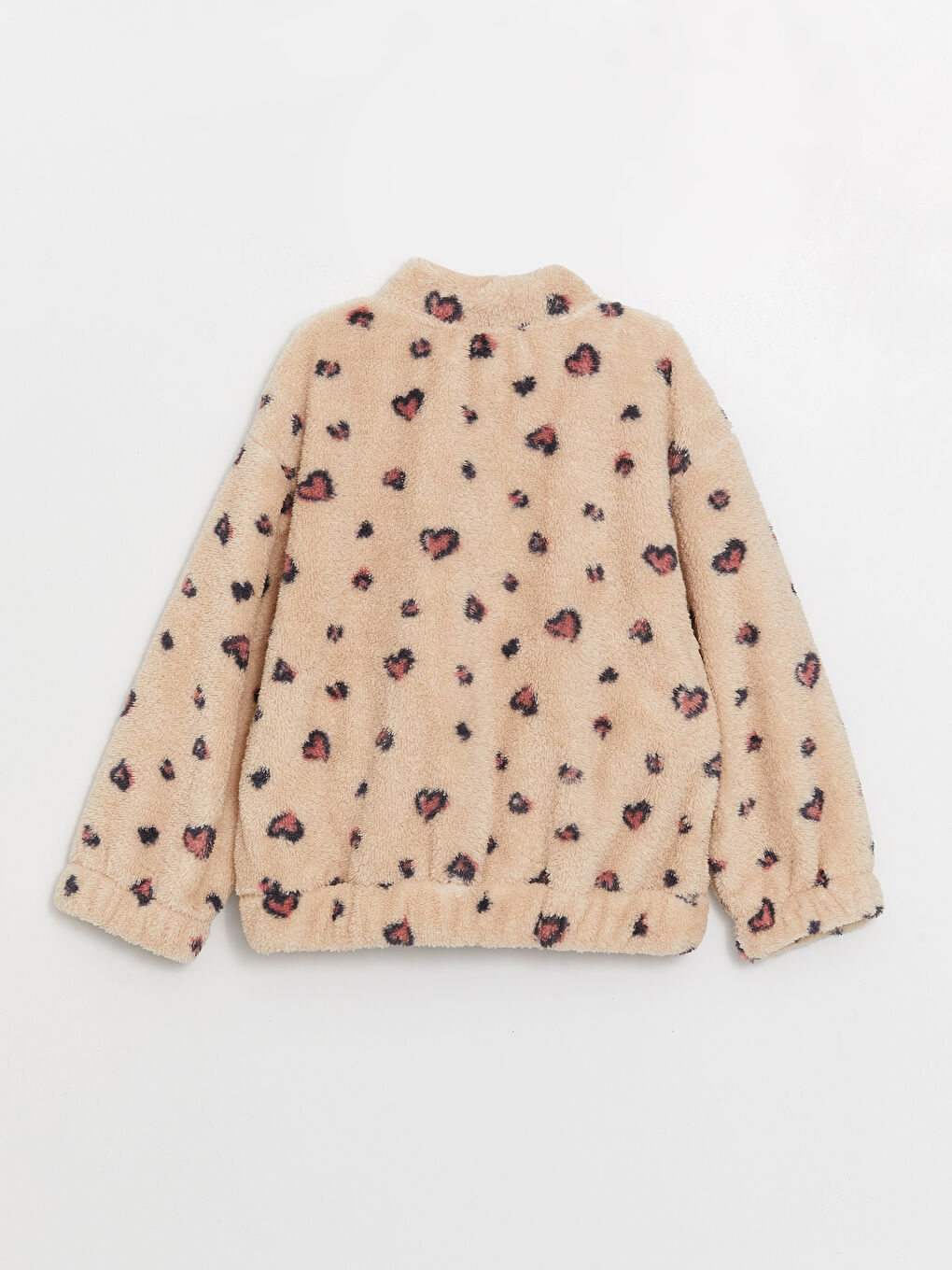 Ekru Dik Yaka Desenli Uzun Kollu Pelüş Kız Çocuk Fermuarlı Sweatshirt-1