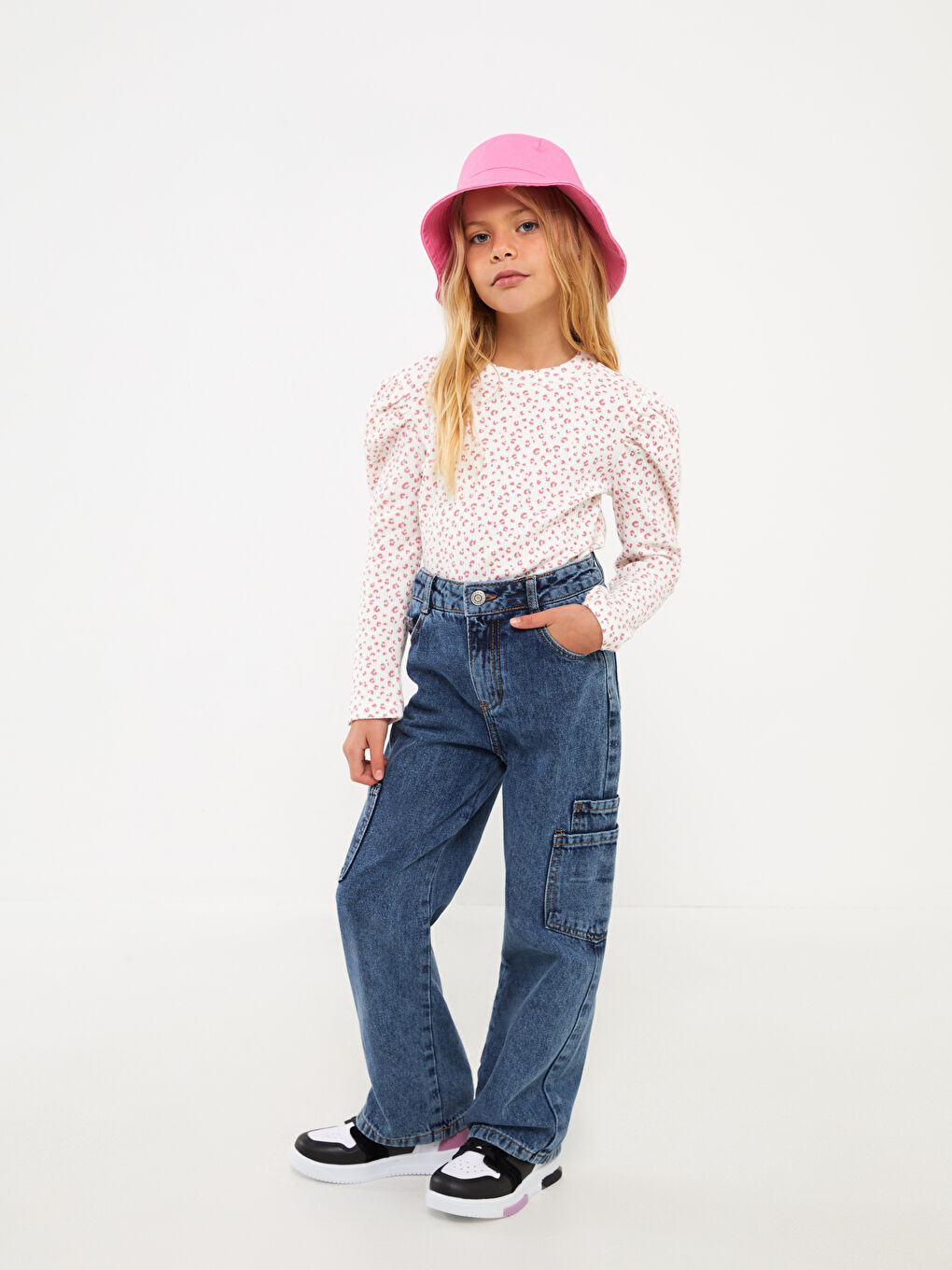 Ekru Dik Yaka Desenli Uzun Kollu Kız Çocuk Tişört-2