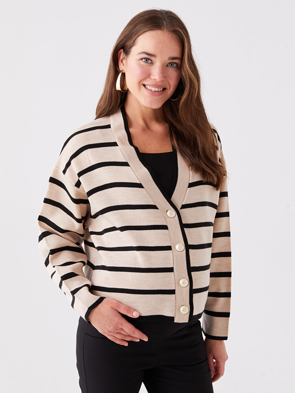 V-Neck Striped Long Sleeve Maternity Knitwear Cardigan-1