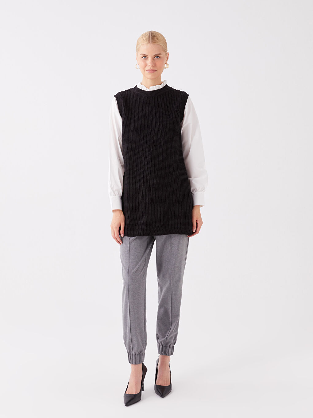 تونيك تريكو نسائي بياقة واقفة مكشكشة وكم طويل مستقيم-2