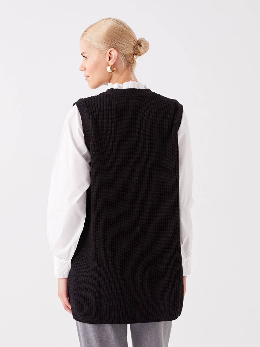 تونيك تريكو نسائي بياقة واقفة مكشكشة وكم طويل مستقيم-4