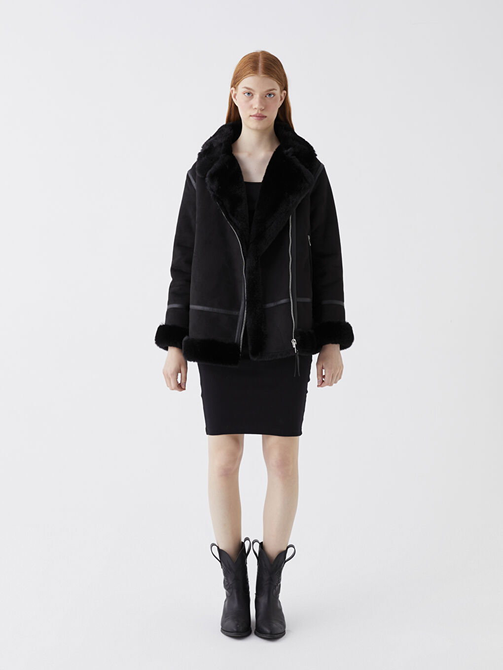 Siyah Biker Yaka Düz Uzun Kollu Kadın Kaban-1