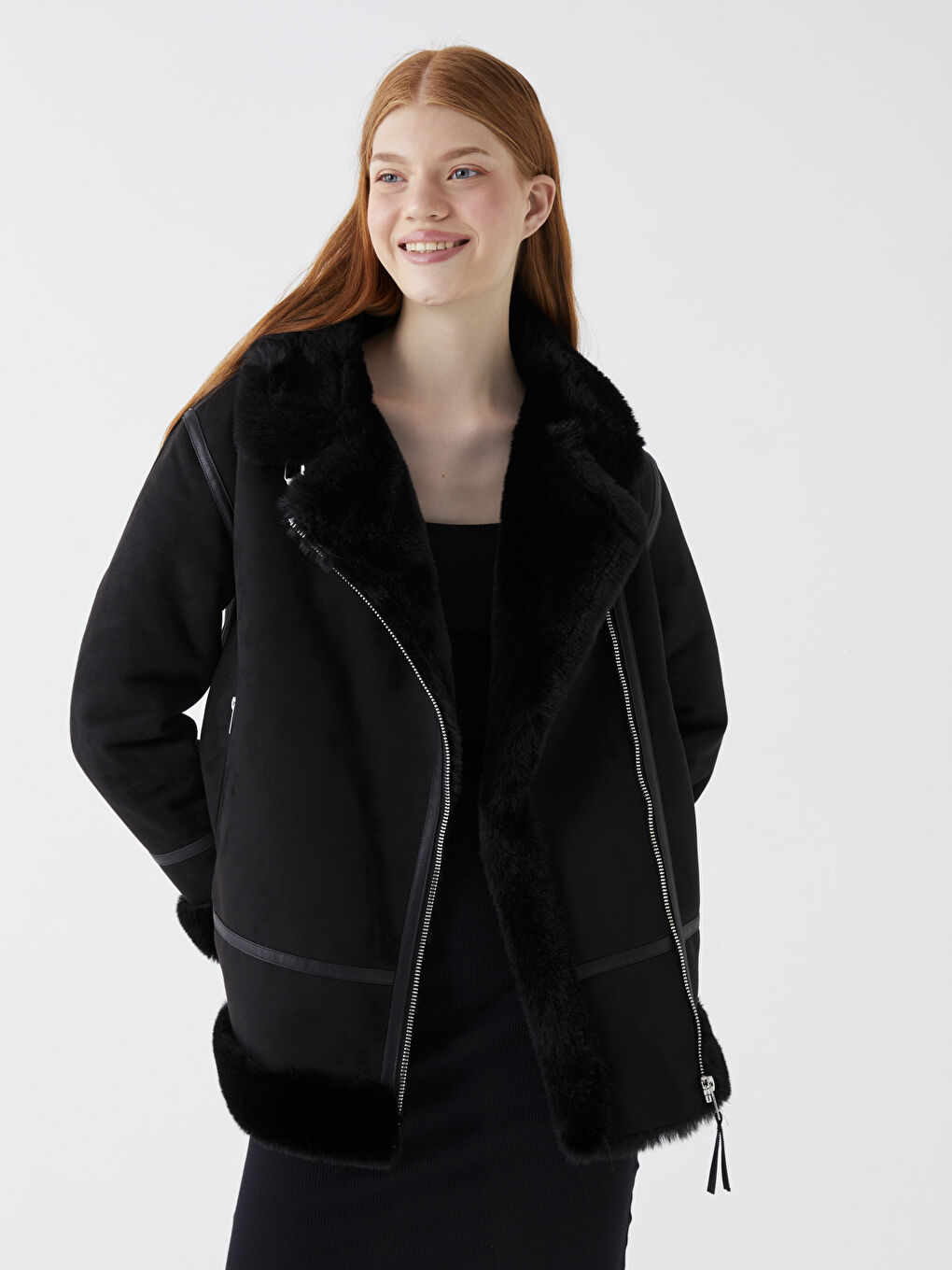 Siyah Biker Yaka Düz Uzun Kollu Kadın Kaban-2