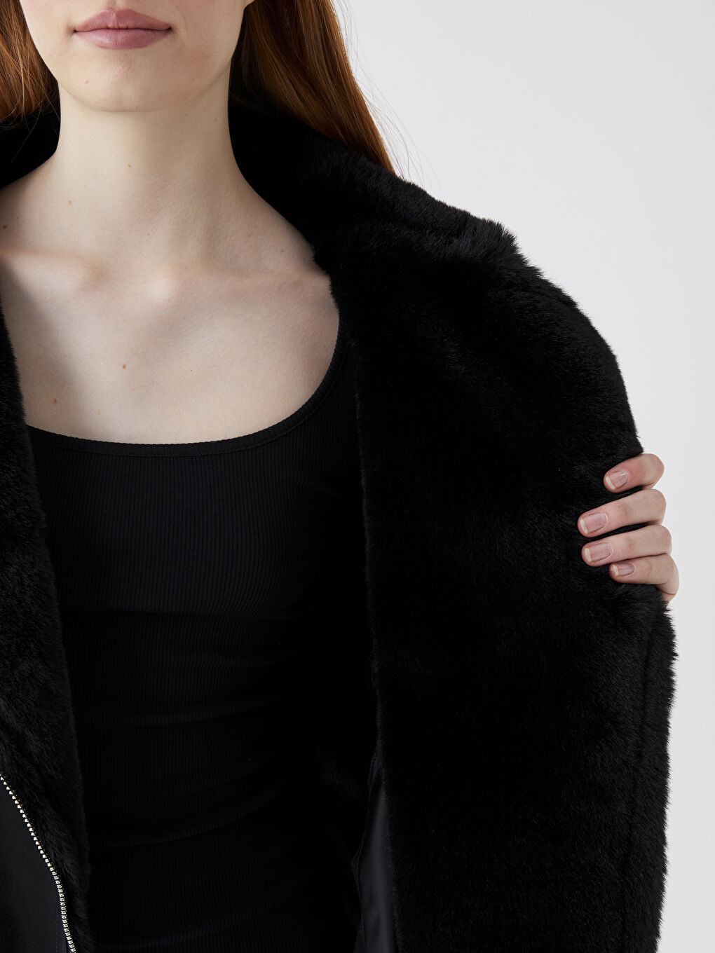 Siyah Biker Yaka Düz Uzun Kollu Kadın Kaban-3