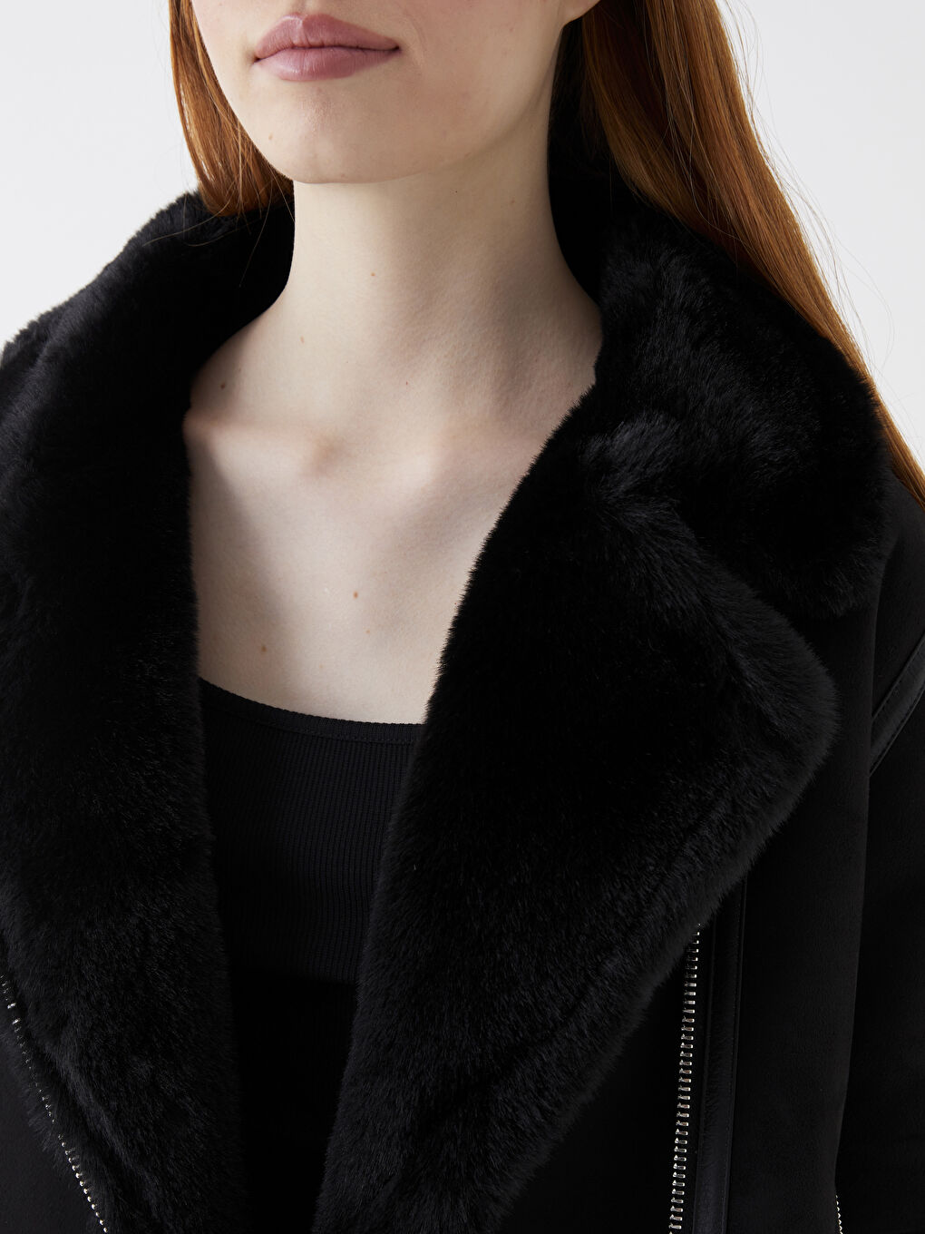 Siyah Biker Yaka Düz Uzun Kollu Kadın Kaban-4