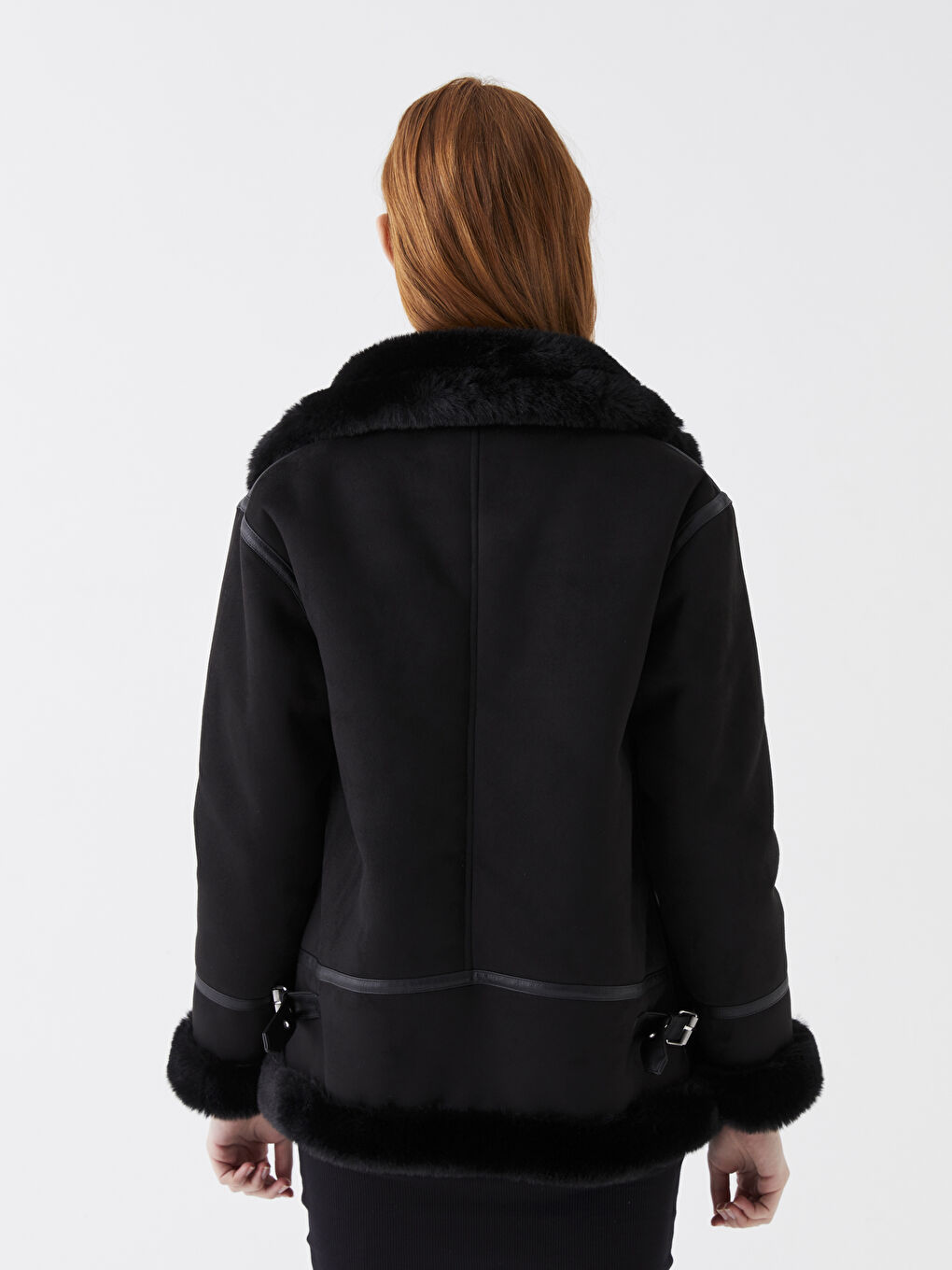 Siyah Biker Yaka Düz Uzun Kollu Kadın Kaban-5