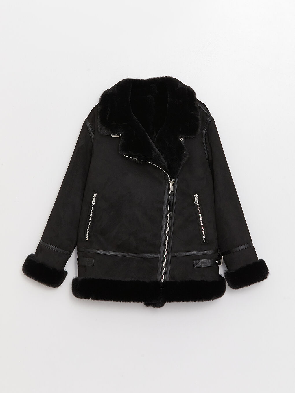 Siyah Biker Yaka Düz Uzun Kollu Kadın Kaban-6