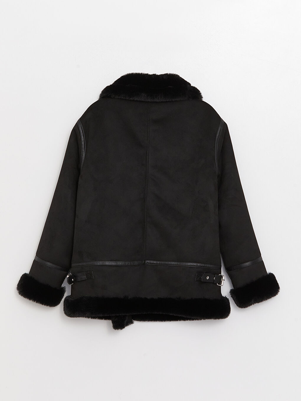 Siyah Biker Yaka Düz Uzun Kollu Kadın Kaban-7