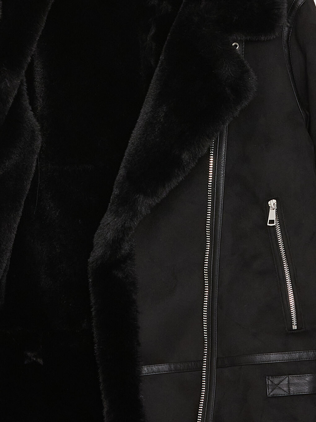 Siyah Biker Yaka Düz Uzun Kollu Kadın Kaban-8