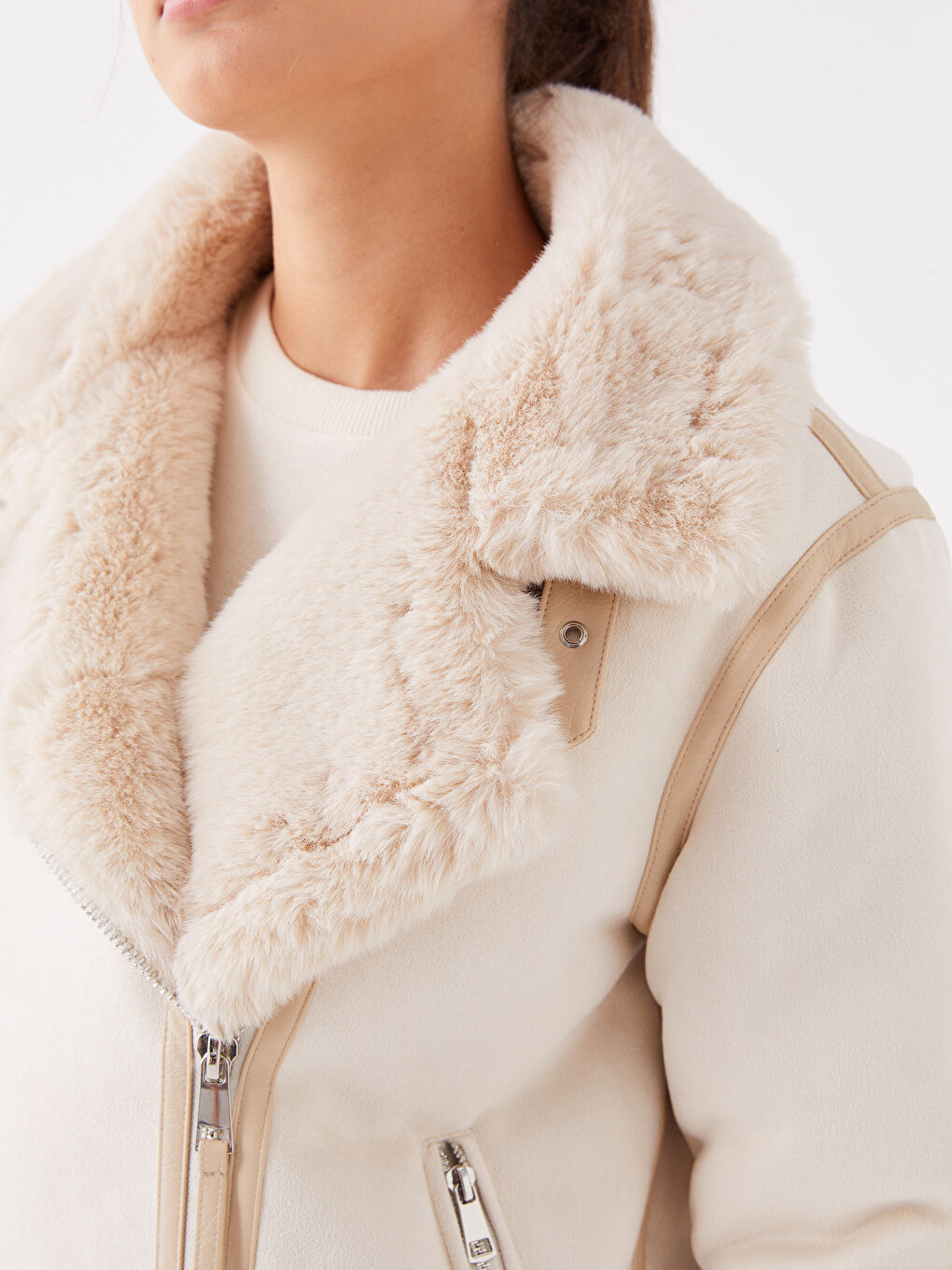 Bej Biker Yaka Düz Uzun Kollu Kadın Kaban-5