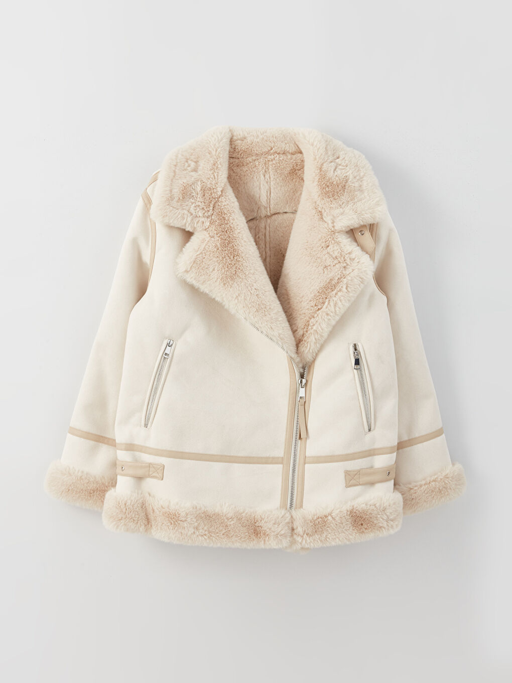 Bej Biker Yaka Düz Uzun Kollu Kadın Kaban-8