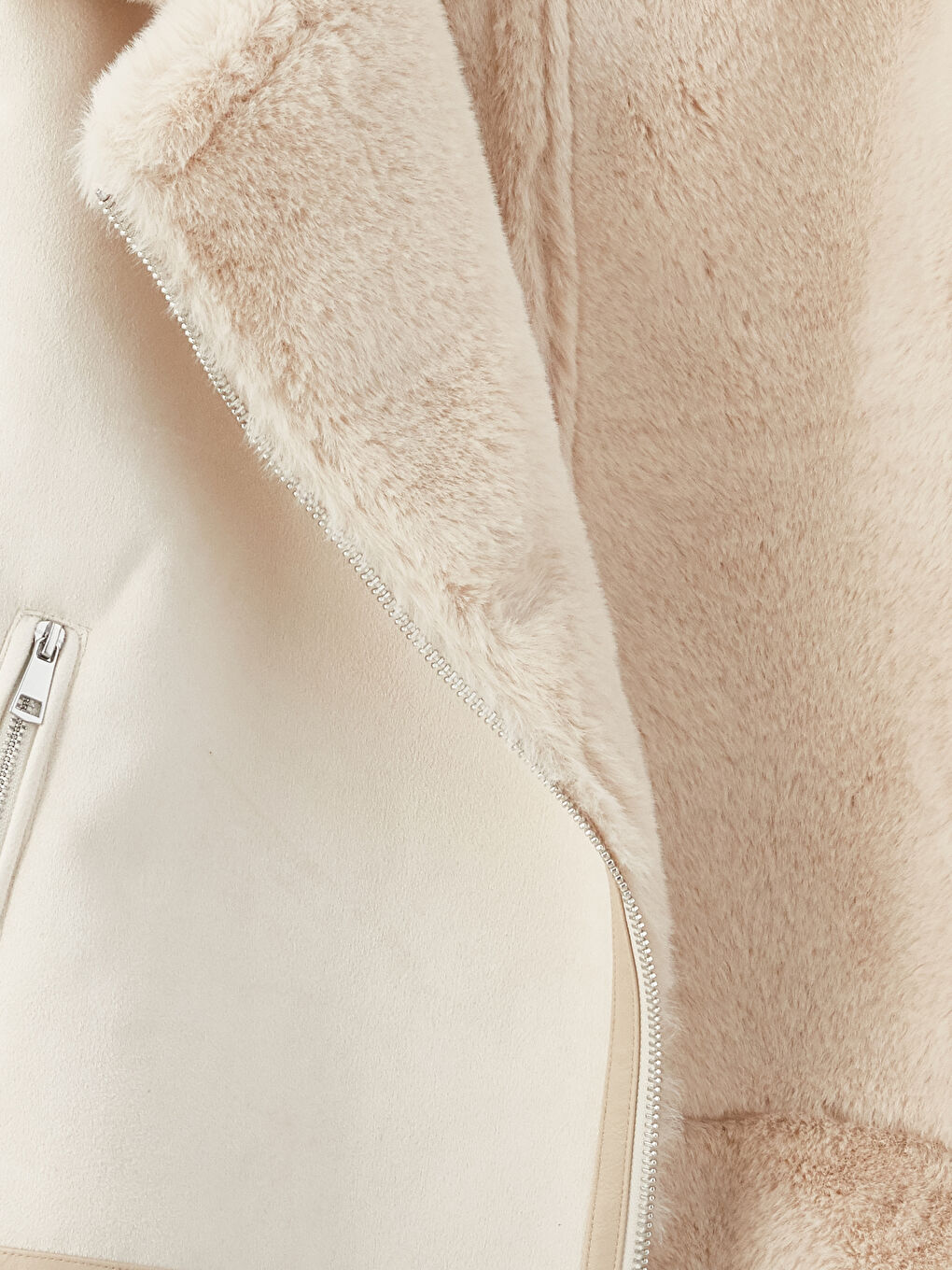 Bej Biker Yaka Düz Uzun Kollu Kadın Kaban-10