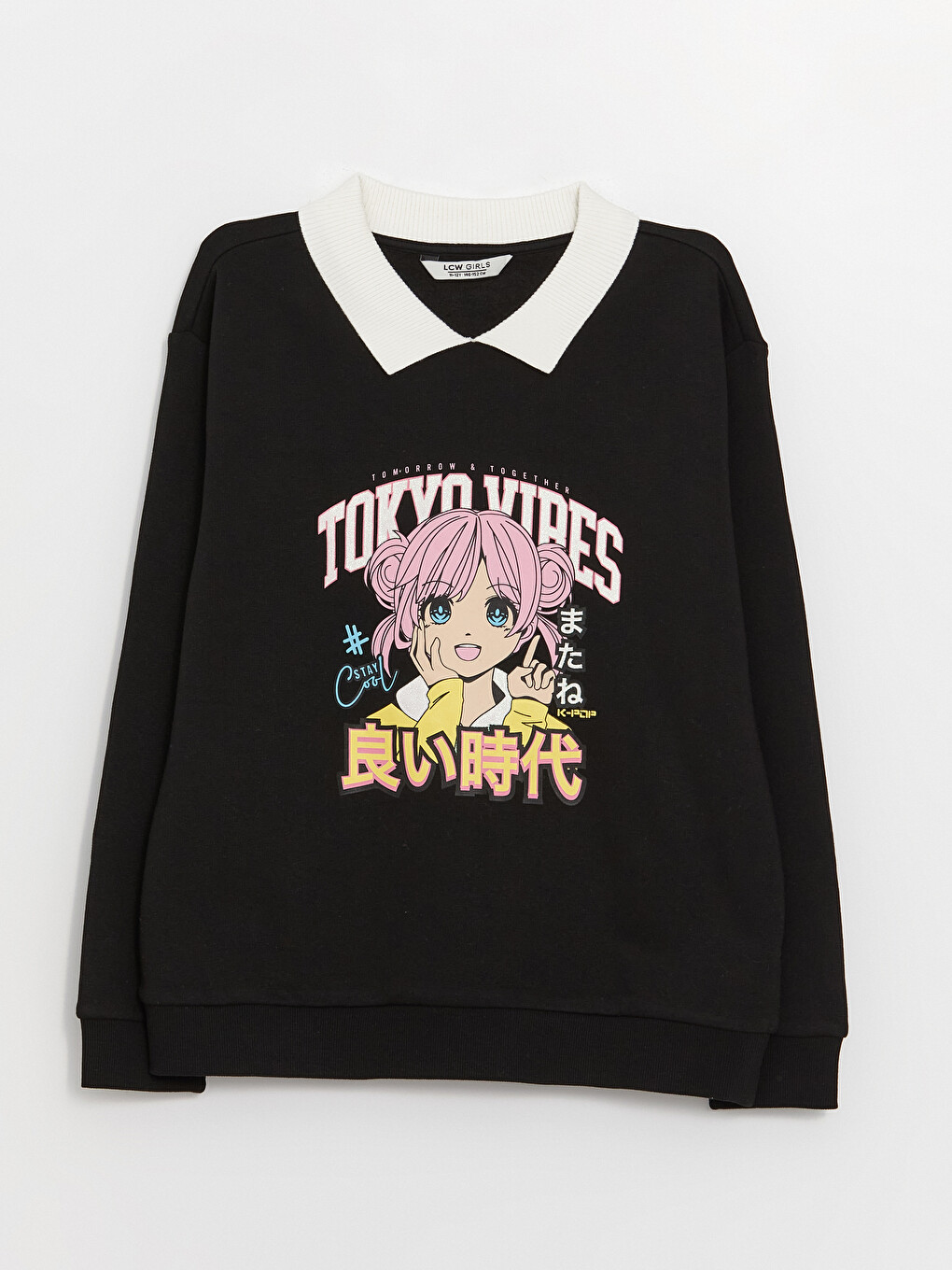 Siyah Gömlek Yaka Baskılı Uzun Kollu Kız Çocuk Sweatshirt