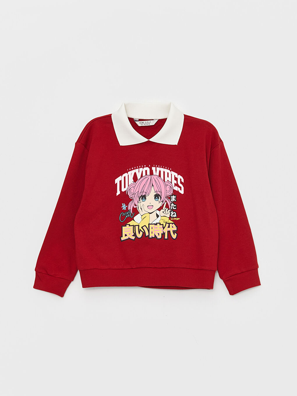 LCW Kids Koyu Kırmızı Gömlek Yaka Baskılı Uzun Kollu Kız Çocuk Sweatshirt