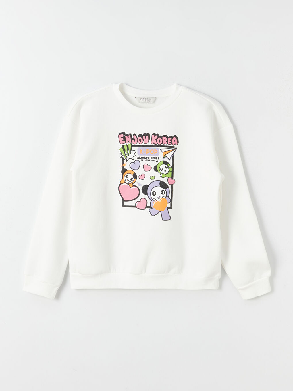 LCW Kids Krem Rengi Bisiklet Yaka K-Pop Baskılı Uzun Kollu Kız Çocuk Sweatshirt