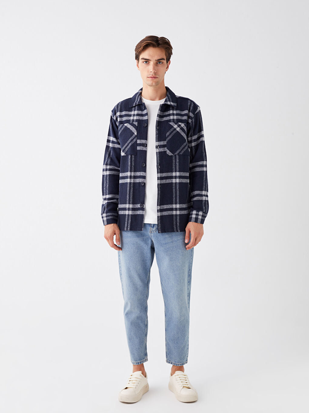 Lacivert Regular Fit Uzun Kollu Ekose Erkek Oduncu Gömlek Ceket-2